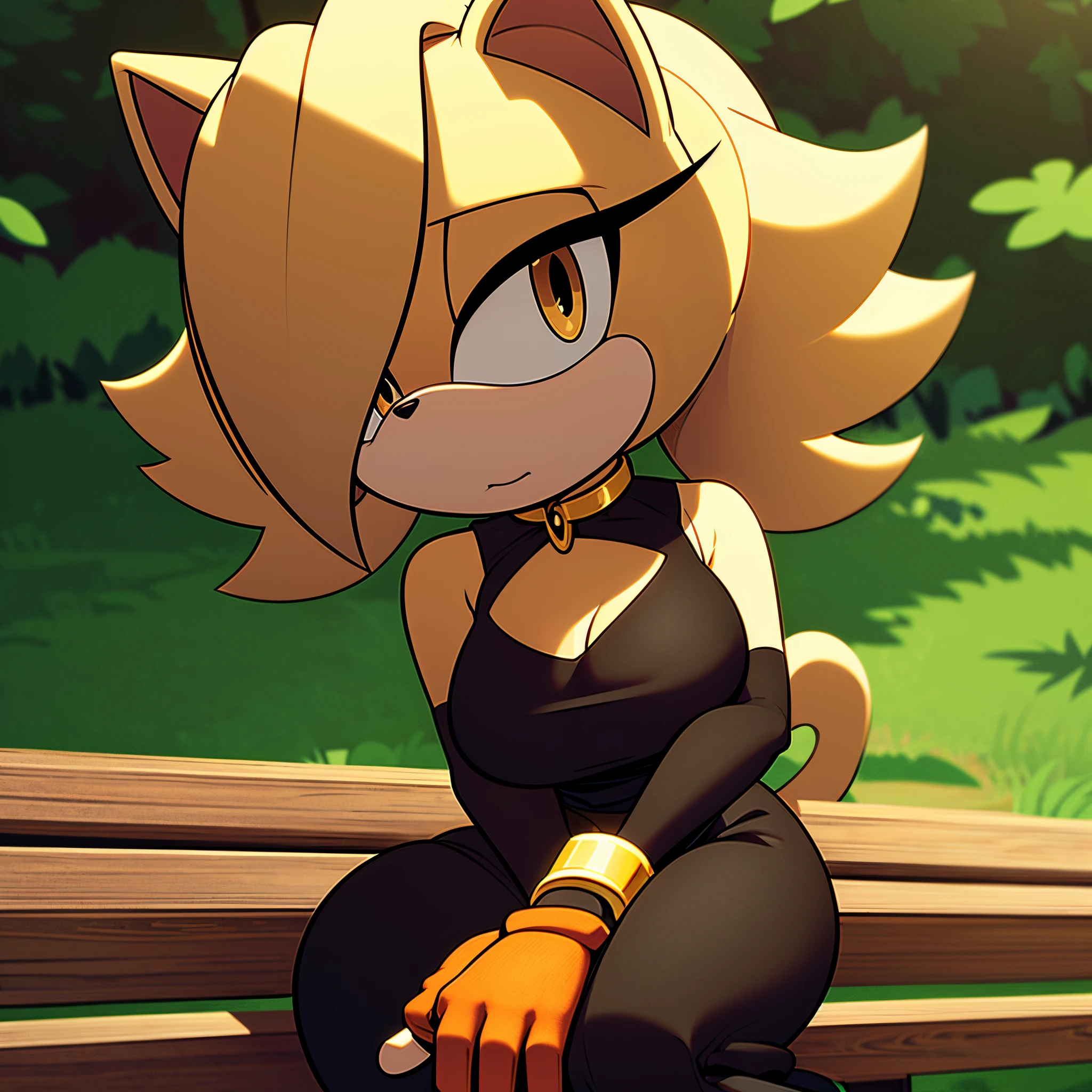 there is a cartoon cat sitting on a bench, mobian, female, blonde fur, fuzzy fur, medium hair, hair blends into white halfway down, amber colored eyes, large hair bangs over one eye, large tuft of blonde ????? fur, mane of blonde fur, fluffy mane of blonde fur over the shoulders, fluffy mane over crop top, long fuzzy cat tail, tight black dress, grey crop top over the dress, black fingerless gloves, grey glove cuffs with amber rings around the middle, sitting on a bench, forest/park background, shy yet flirty look, looking at viewer, (best quality, 4k, detailed, masterpiece)