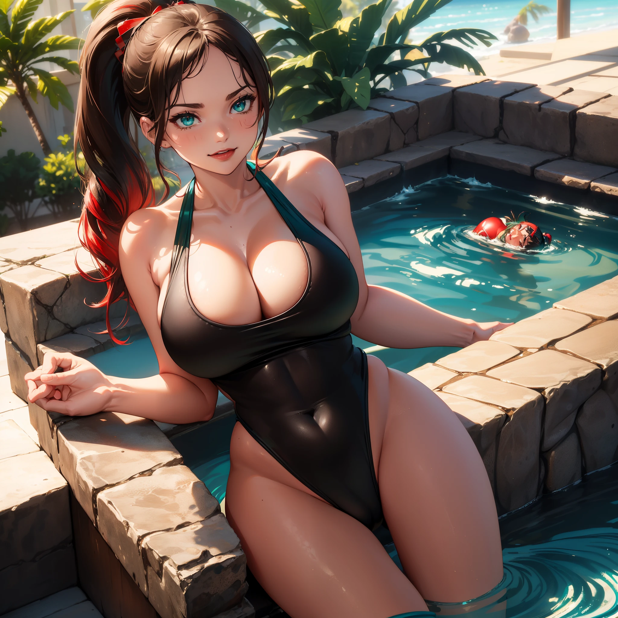 ((((SOLO)))), masterpiece, best quality, solo mature woman with brown ponytail, large chest, curvy physique, aqua green eyes, full lips, seductive, smiling, (((metallic red and black one piece swimsuit))), (((Black and red swimsuit))) cleavage, sitting in back yard jacuzzi, blushing, bare legs, (wide hips), (big boobs)