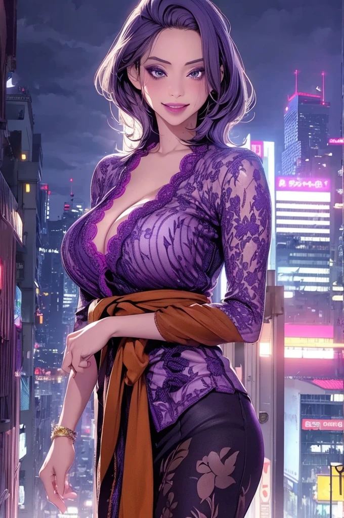 MiJungdef,purple eyes,purple hair,medium hair,masterpiece,best quality,night view,rainy,cyberpunk city,wet clothes, kebaya_bali,blue_kebaya_bali,large breasts,sweaty smile,show ,transparent  ,show armpits,(extra large breasts:1.2)