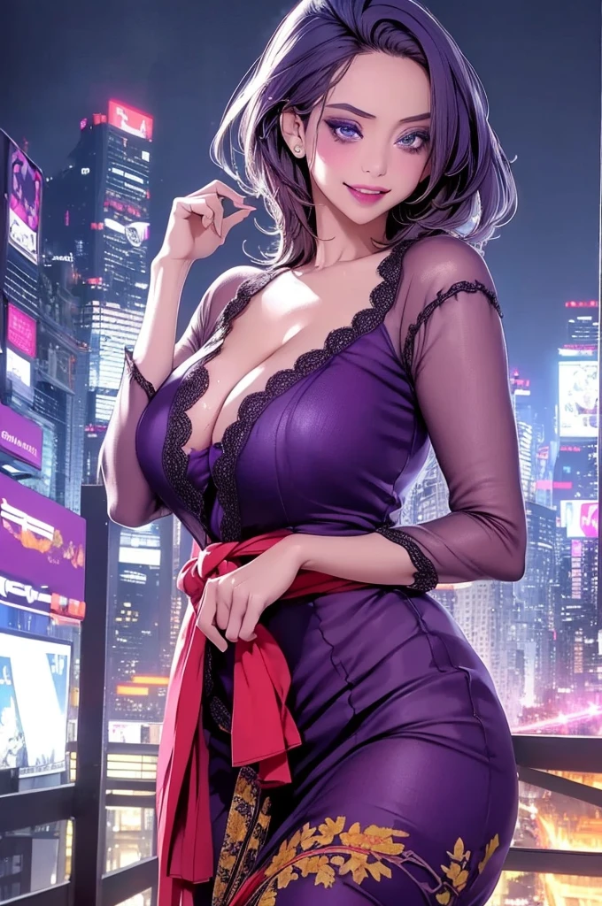 MiJungdef,purple eyes,purple hair,medium hair,masterpiece,best quality,night view,rainy,cyberpunk city,wet clothes, kebaya_bali,blue_kebaya_bali,large breasts,sweaty smile,show ,transparent  ,show armpits,(extra large breasts:1.2)