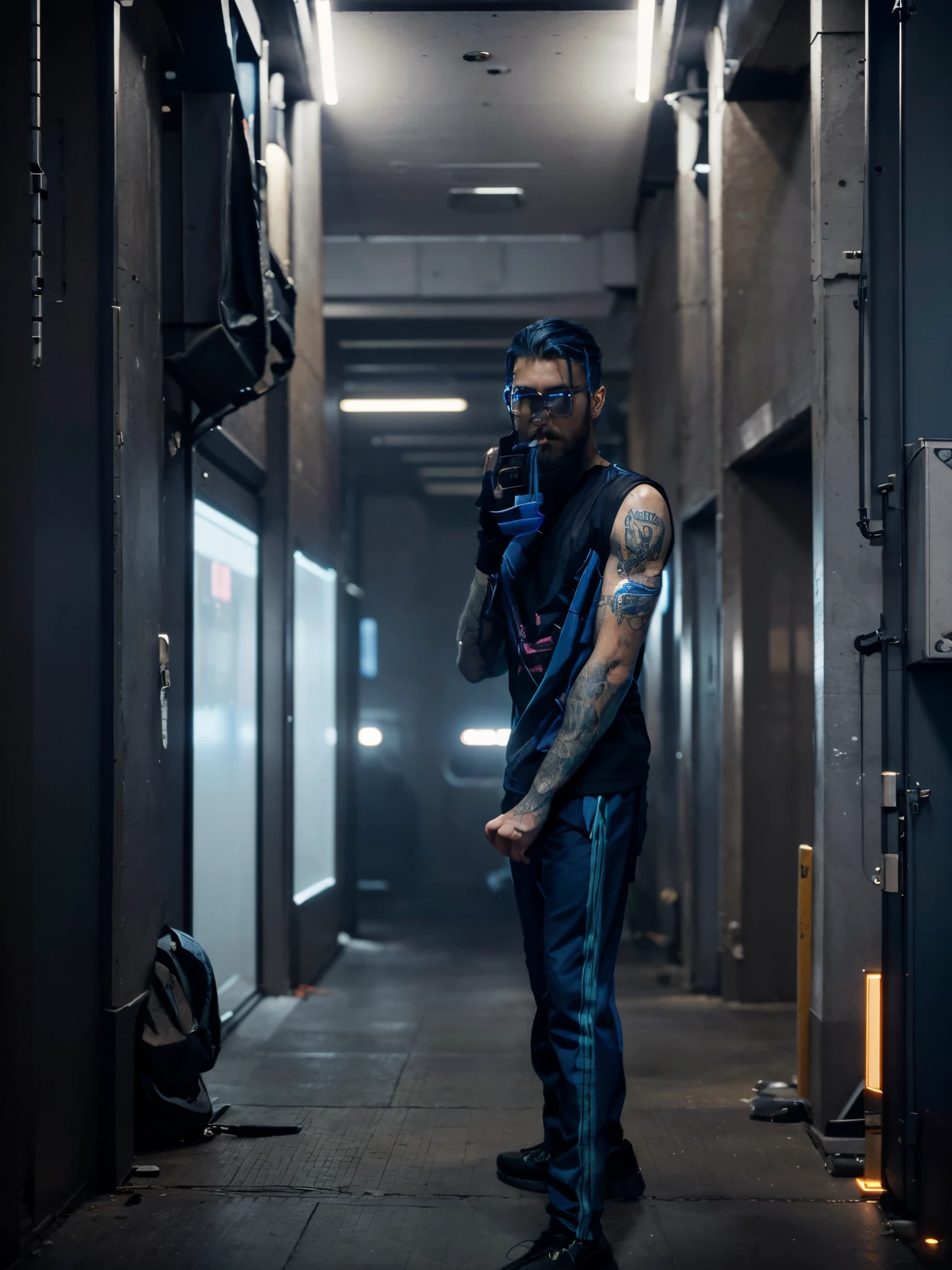 (Cyberpunk man in stylish clothes), (with a long, full beard,) (blue eyes) (portrait) Handsome and serious appearance, dark blue hair, Stylish and elegant, and strong body t-shirt, (Realistic and high quality), ((Best quality, 8k, master piece).
