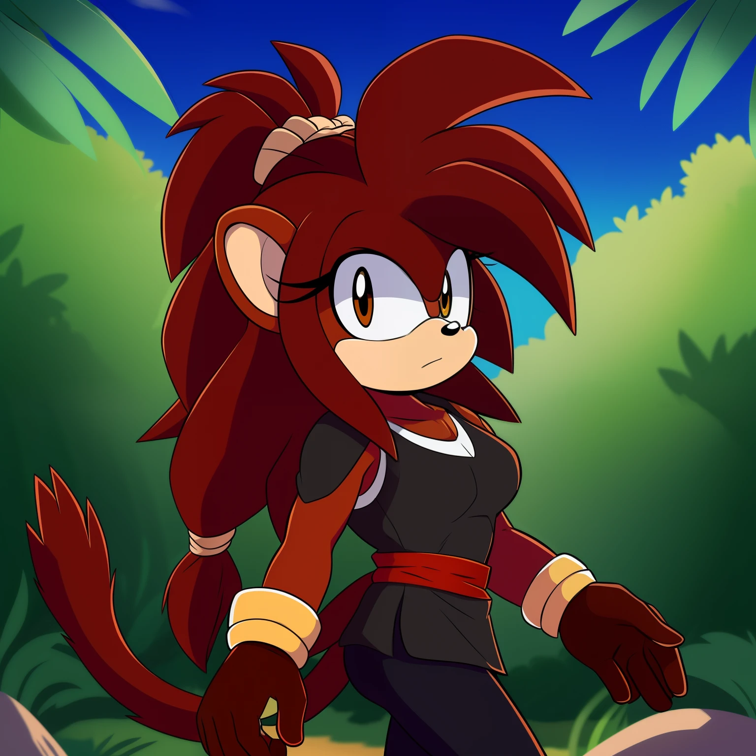Female, Mobian, Hedgehog, Hedgehog ears, with a dark reddish hair, a brown animal pelt, and a lashing Saiyan monkey tail, a monkey tail, hair tied, brown animal skin pelt, hair tied, long wild spiky hair, hair over shoulders, mane of hair down back, (masterpiece, best quality, detailed face, detailed eyes), black eyes, (((1girl))), Mobian Saiyaness hedgehog hybrid, (((solo))), Saiyan tail, dark reddish fur, dark reddish hair, long wild spiky hair, tan sash belt, black short tights, black wrist bands, Mobian, a cartoon character with reddish hair, lashing Saiyan monkey tail, Mobian Hedgehog with a monkey tail, hair tied, long wild spiky hair, hair over shoulders, mane of hair down back, not amused expression, B-Cup Breasts, (side view), (walking in a jungle like paradise)