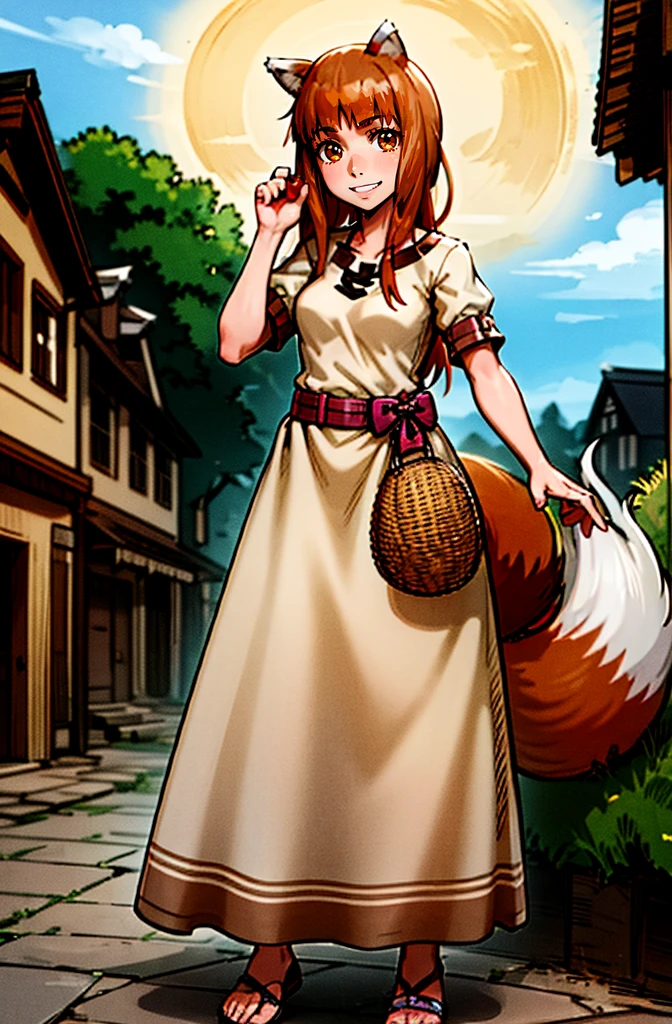 (holo:1.5), (holoBrownDress:1.5), masterpiece, best quality, absurdres, 1girl, looking at viewer, standing, cowboy shot, outdoors, medieval, cobblestone street, town, pouch, sash, smile, fruit, apple, basket,mediumbreast, curvy, silver hair, white hair, full body, flipflops,