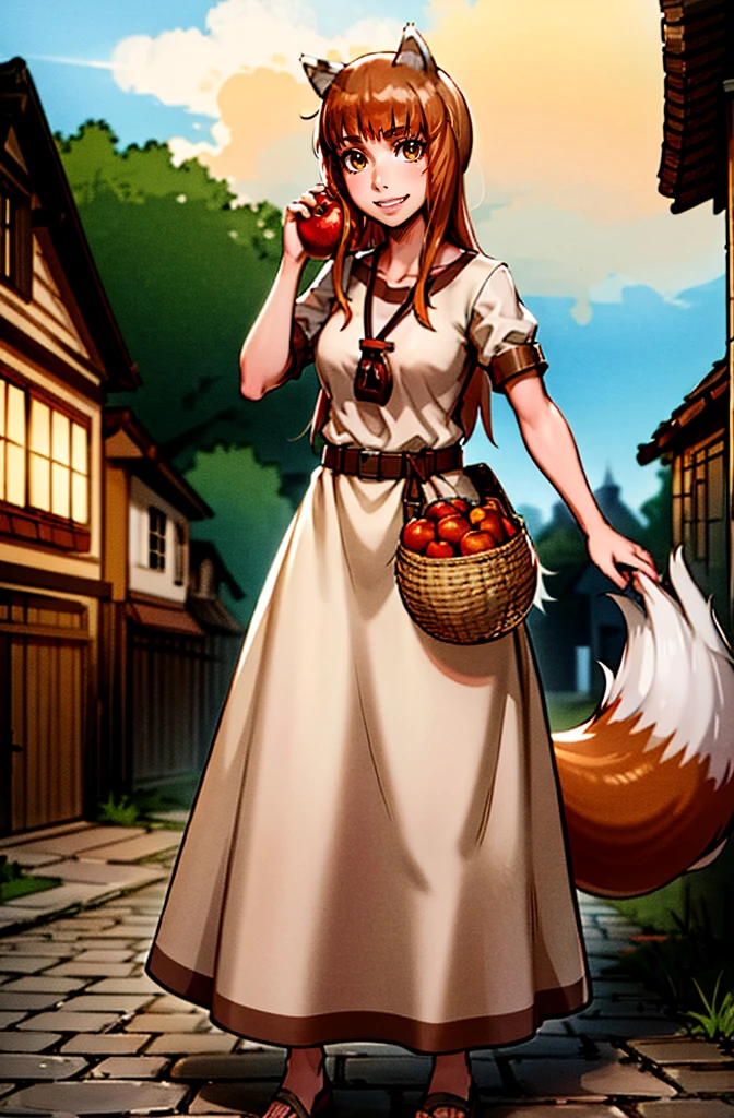 (holo:1.5), (holoBrownDress:1.5), masterpiece, best quality, absurdres, 1girl, looking at viewer, standing, cowboy shot, outdoors, medieval, cobblestone street, town, pouch, sash, smile, fruit, apple, basket,mediumbreast, curvy, silver hair, white hair, full body, flipflops,