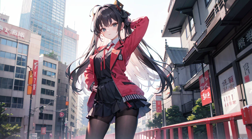 Guang Ling，校服，jaket，The shirt，black pantyhoses, A high resolution, urban backdrop，gentleness，Place one hand behind your head,(A sexy pose)