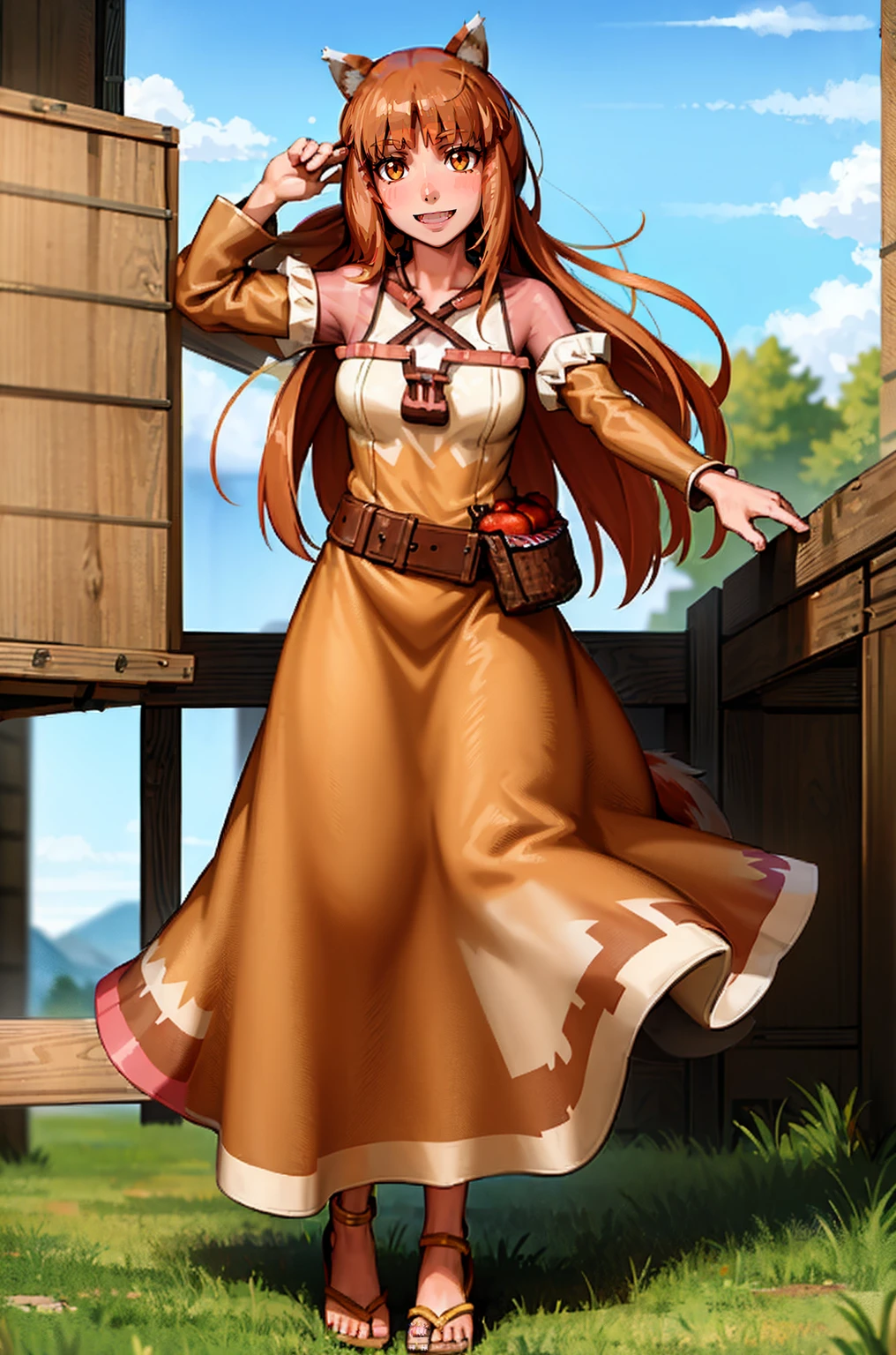 (holo:1.5), (holoBrownDress:1.5), masterpiece, best quality, absurdres, 1girl, looking at viewer, standing, cowboy shot, outdoors, medieval, cobblestone street, town, pouch, sash, smile, fruit, apple, basket,mediumbreast, curvy, silver hair, white hair, full body, flipflops,