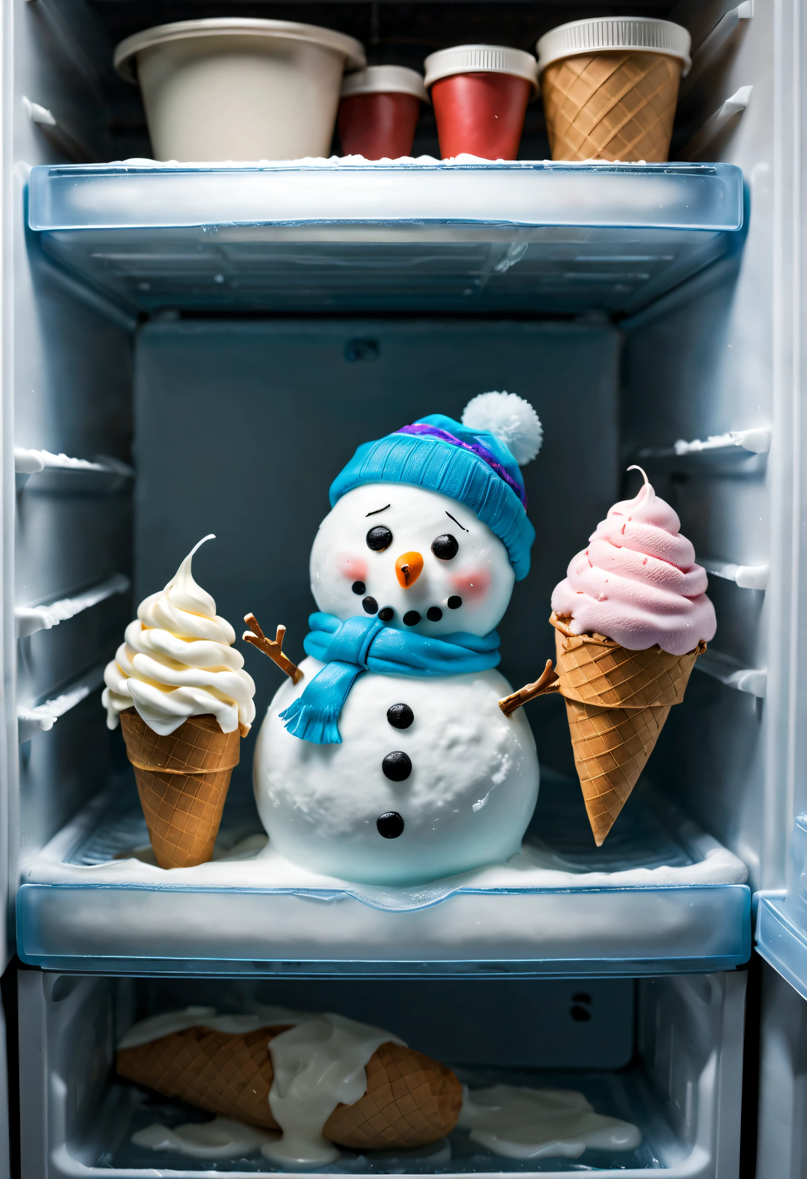 A small snowman in the freezer compartment of the refrigerator, Looks like it's going to melt, There is ice cream or frozen food in the freezer.