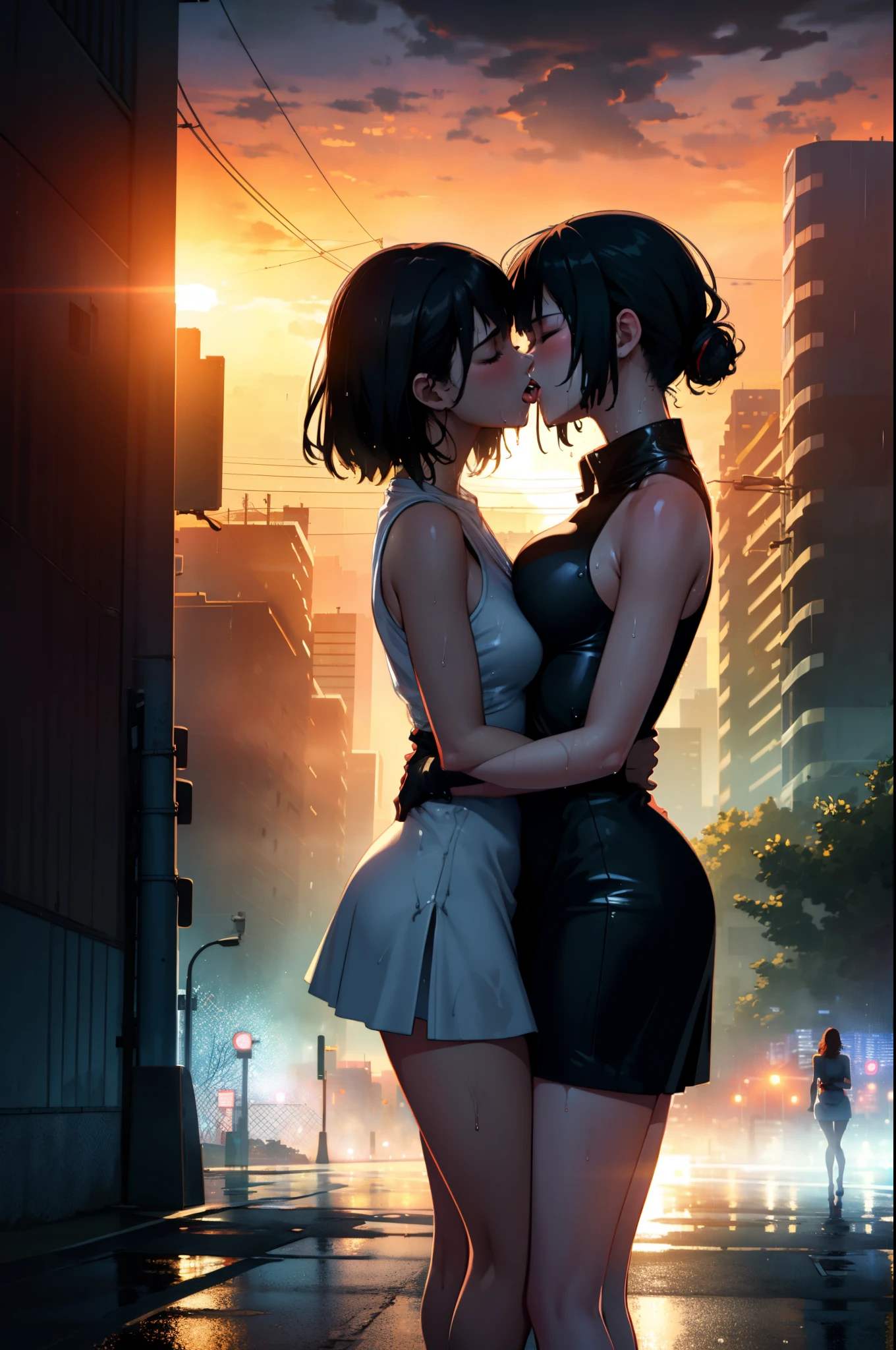 (masterpiece:1.4),(volumetric lighting:1.3), (2girls, yuri), tongue kiss, short tight  dress,sleeveless, outdoors, cityscape,road, heavy rain,storm, dusk,dawn, twilight,sunset, full body, soaking wet, sensual body, closed eyes, (silhouette:1.2), wet ground,