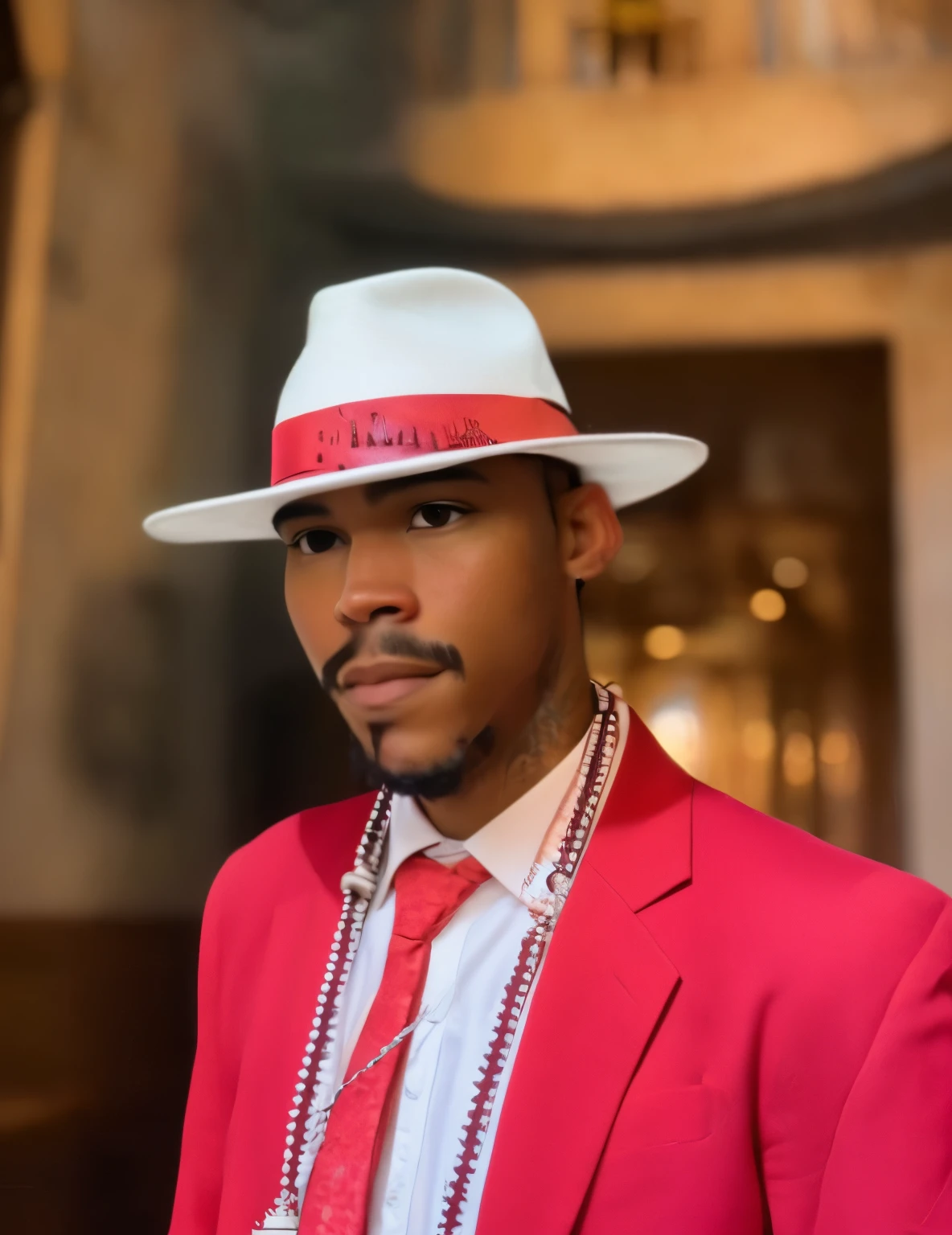 there is a man wearing a red suit and a white hat, a suited man in a hat, foto de perfil, white suit and hat, he has a red hat, taken in the early 2020s, Jayson Tatum como Che Guevara, inspirado em Christopher Williams, he is wearing a hat, Ascot vermelho e uma tampa de campo, terno vermelho