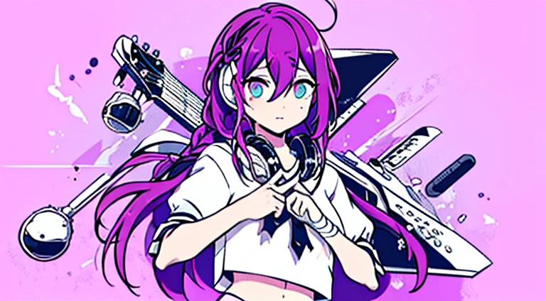 long hair, mole under mouth, purple hair, single braid, hair between eyes, teal eyes, ahoge, cowboy shot, white shirt, venom, 1girl, solo, looking at viewer, monochrome, upper body, headphones, bandages, pink background, instrument, bandaid, bandaged arm, bandaid on face, guitar, midriff peek, headphones around neck, electric guitar, pill, school uniform, short sleeves