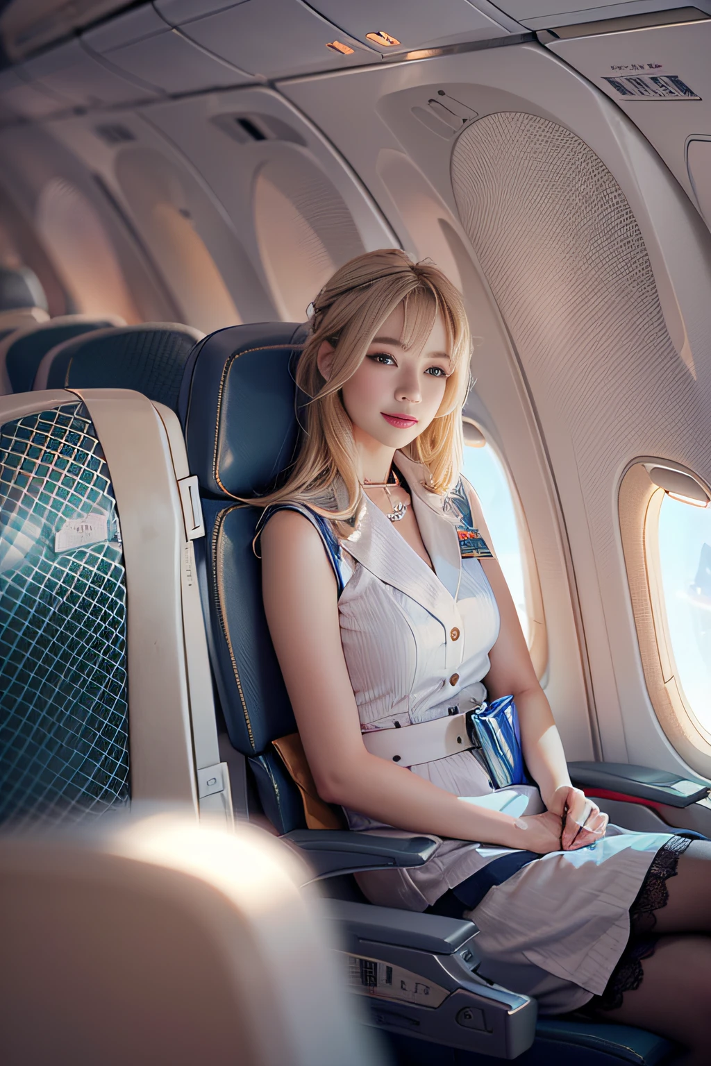 1girl in, Blonde hair, Bangs, Long hair, Straight hair, PUPILS SPARKLING, longeyelashes, makeup, Bright pupils, lightsmile, depth of fields, One-person viewpoint, From below, wide angles, F/1.8, 135 mm, canon, nffsw, retinas, masutepiece, ccurate, Anatomically correct, Textured skin, Super Detail, high details, High quality, hight resolution, 1080p, hard disk, 4K, 8K(Beautiful flight attendant sitting on airplane seat),Super beautiful,perfect bodies,(Flight attendants dressed beautifully and with great care),gently smiling,Stockings,high-heels,fully body photo,