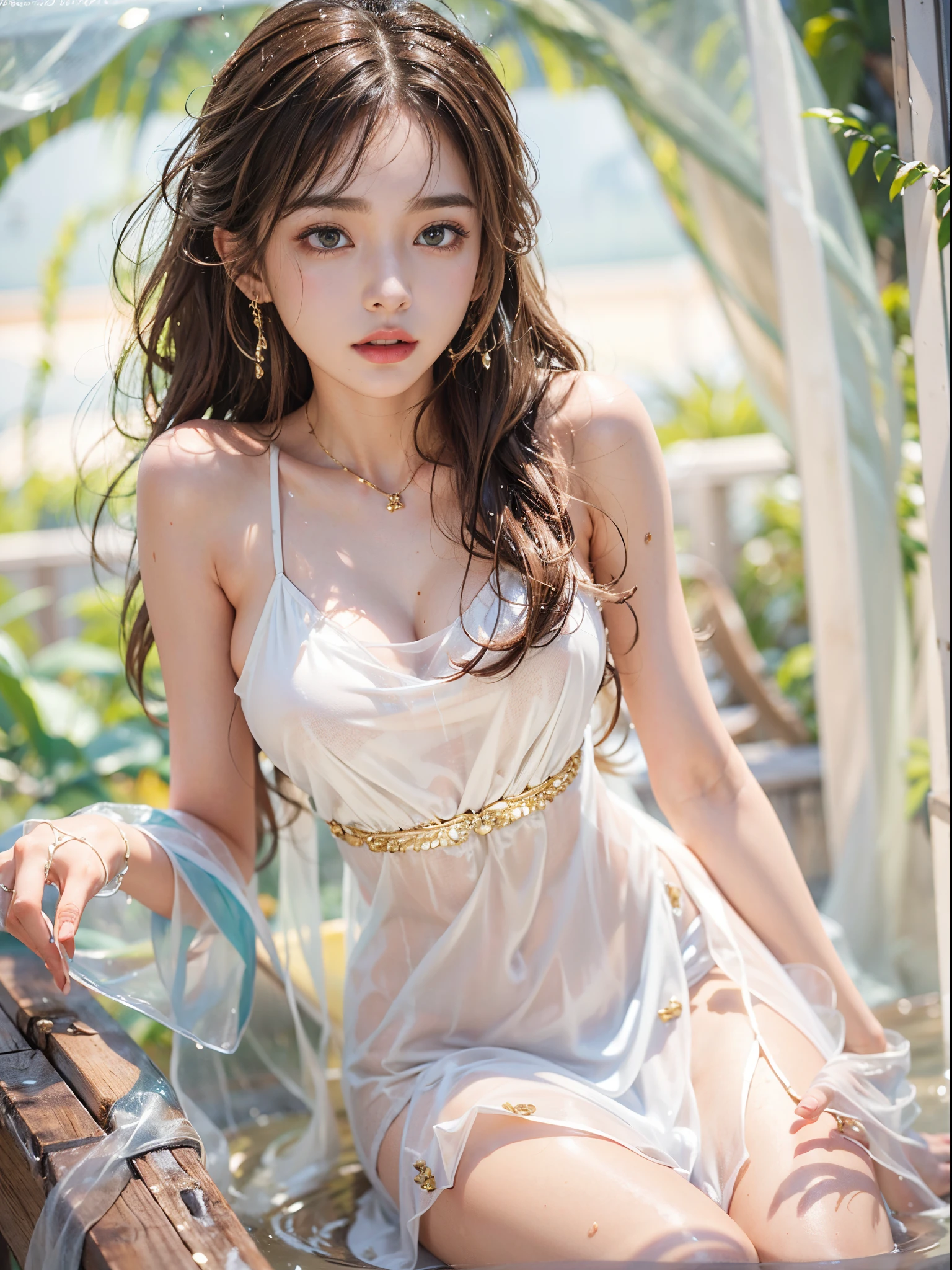 8K、23years old、Beauty 1 person、super complex details、3d rendered、(Brown hair、wet and disheveled hair、Superwavy hair、Slender feminine body、Large, drooping udder:1.2 )、White see-through dress、Golden top and bottom super micro innerwear、(Look at the camera with a slightly surprised expression)、Cinematic、pale light、emerald accessories、Opening legs、Professional camera shooting、Ultra-realistic details、