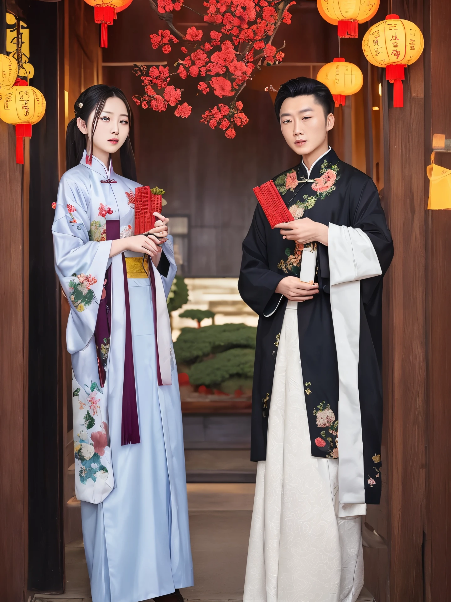 Two Chinese cultivators stand side by side in a Chinese New Year setting . Wei Wuxian e Lan Wangji.