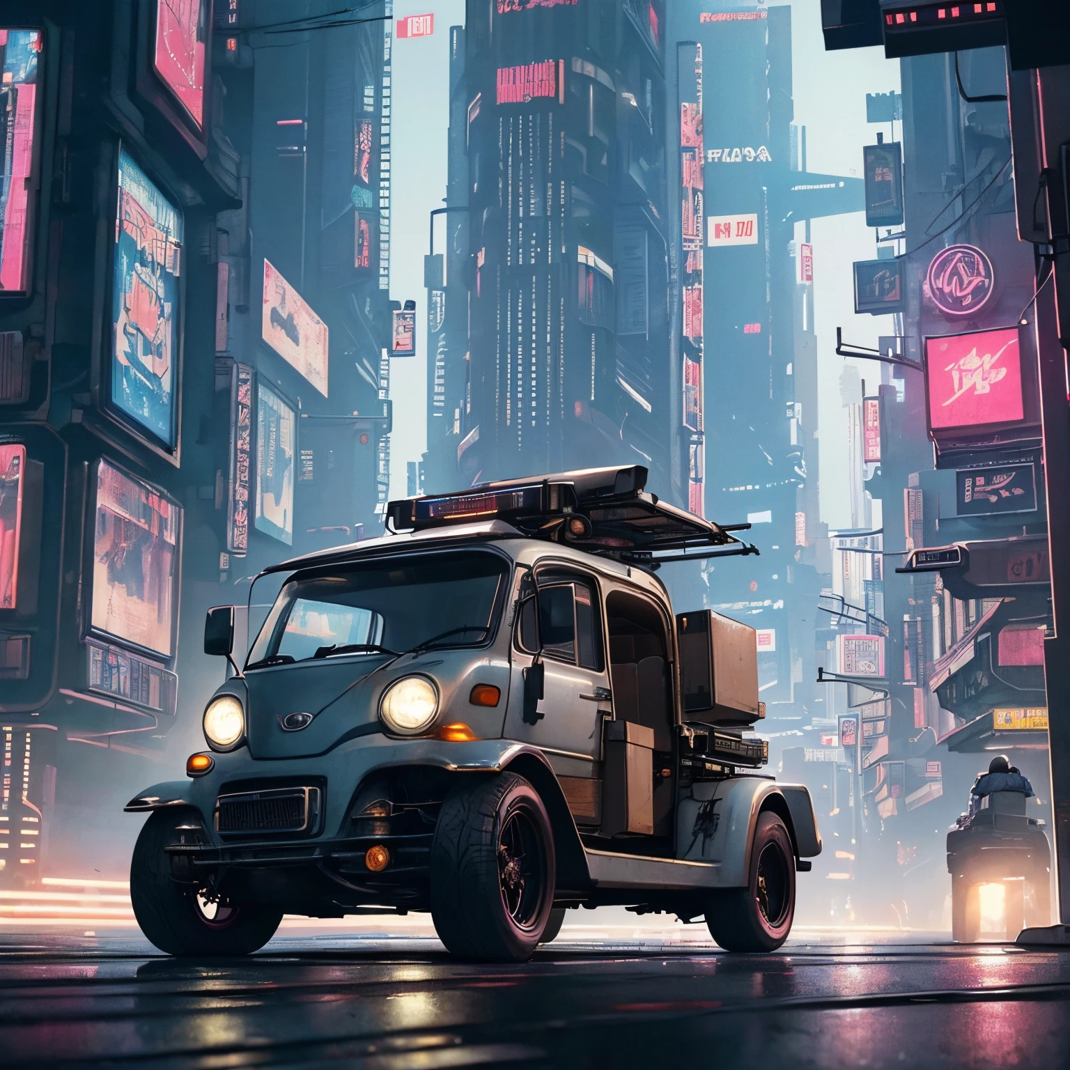 (at late night:1.3), , (detailed beautiful skin textures, detailed beautiful face, ultra detailed clothing textures), , (Cyberpunk:1.4), , (an ultra detailedfour-wheeled and long bonnet tuk-tuk with load on roof carrier and eear loading platform with luggage on it and letter-tyres), , (3/4 front view, The car is in the center of the frame), , (at parking area, at ultra detailed Night City of Cyberpunk), (All cars are classic cars with cyberpunk custumed), , (softlighting), , (masterpiece, best quality:1.4, 8k, ultra detailed, illustration, distinct_image, intricate_details, delicate illustration), (realistic:0.15),