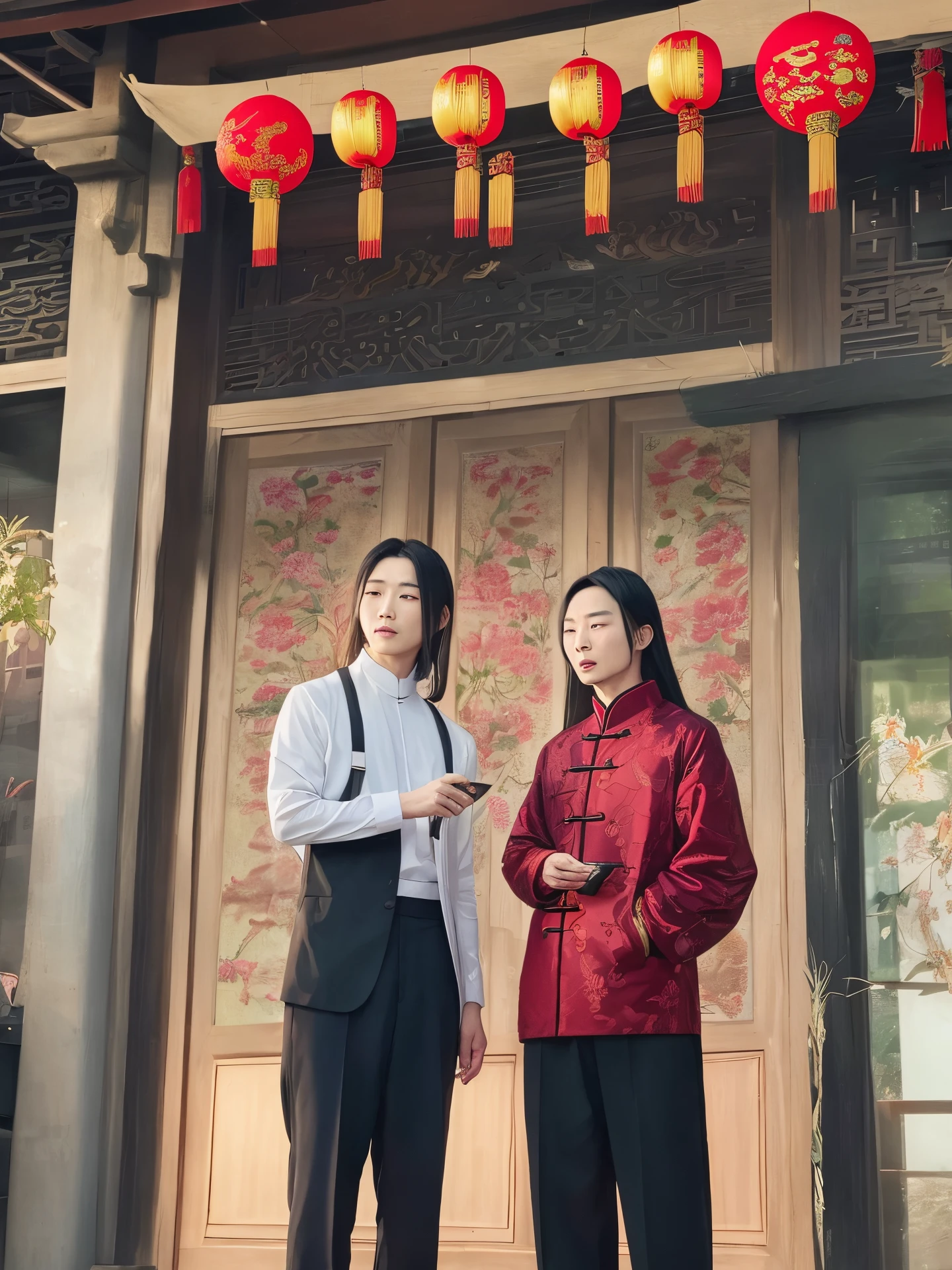 Two Chinese cultivators stand side by side in a Chinese New Year setting . Wei Wuxian e Lan Wangji.