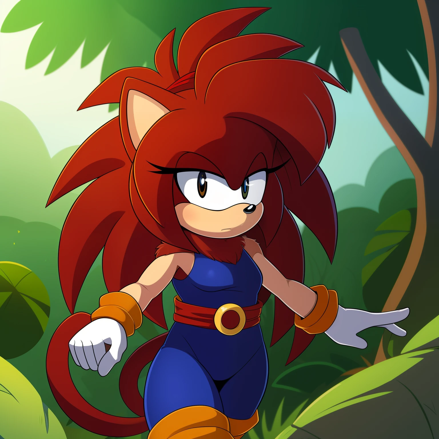 Female, Mobian, Hedgehog, Hedgehog ears, with a reddish hair, a brown animal pelt, and a lashing Saiyan monkey tail, a monkey tail, hair tied, brown animal skin pelt, hair tied, long wild spiky hair, hair over shoulders, mane of hair down back, (masterpiece, best quality, detailed face, detailed eyes), black eyes, (((1girl))), Mobian Saiyaness hedgehog hybrid, (((solo))), Saiyan tail, reddish fur, reddish hair, long wild spiky hair, tan sash belt, black short tights, black wrist bands, Mobian, a cartoon character with reddish hair, lashing Saiyan monkey tail, Mobian Hedgehog with a monkey tail, hair tied, long wild spiky hair, hair over shoulders, mane of hair down back, not amused expression, B-Cup Breasts, (side view), (walking in a jungle like paradise)
