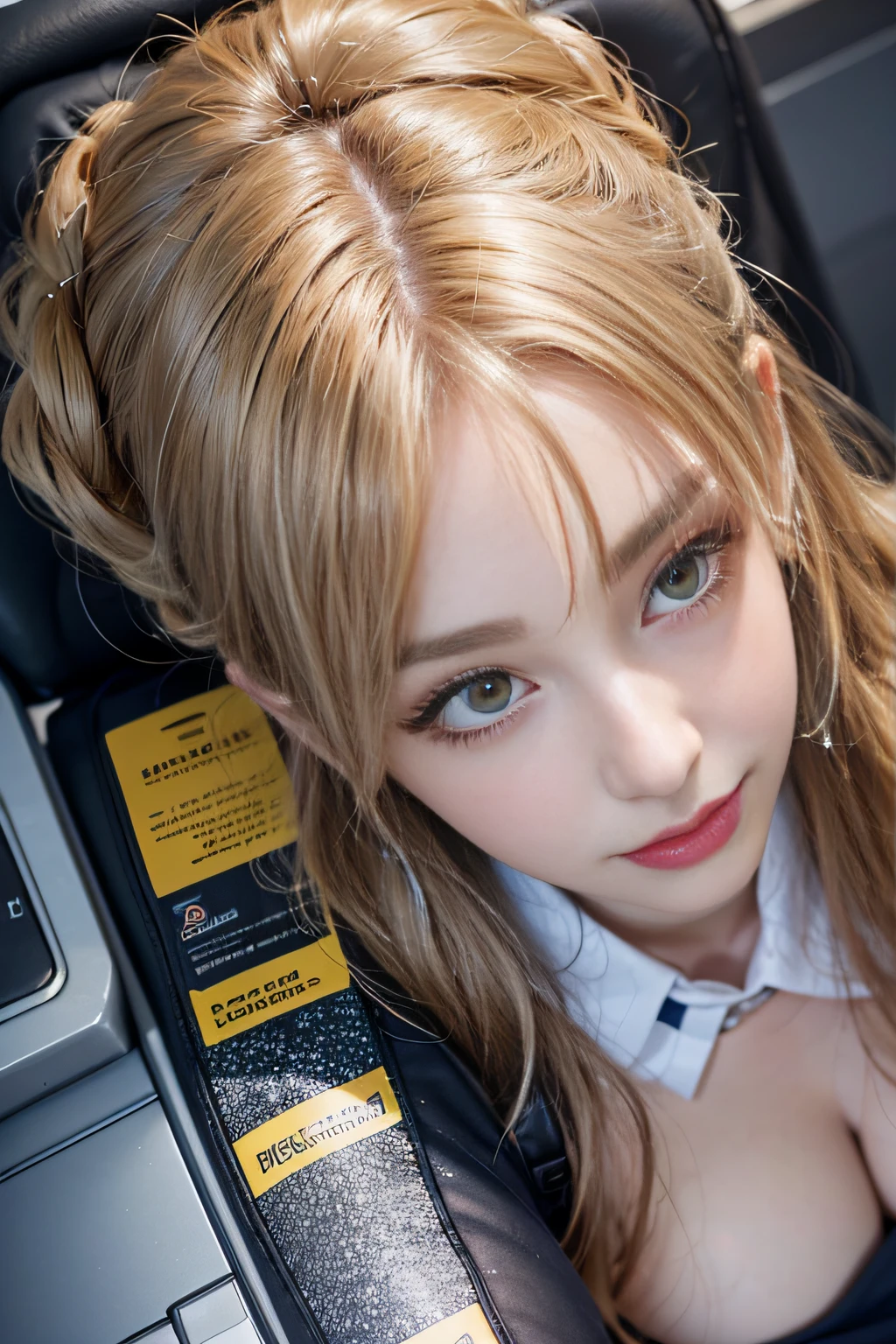 1girl in, Blonde hair, Bangs, Long hair, Straight hair, PUPILS SPARKLING, longeyelashes, makeup, Bright pupils, lightsmile, depth of fields, One-person viewpoint, From below, wide angles, F/1.8, 135 mm, canon, nffsw, retinas, masutepiece, ccurate, Anatomically correct, Textured skin, Super Detail, high details, High quality, hight resolution, 1080p, hard disk, 4K, 8K(Beautiful flight attendant sitting on airplane seat),Super beautiful,perfect bodies,(Meticulously and beautifully dressed flight attendants),gently smiling,stockings,high-heels,fully body photo,