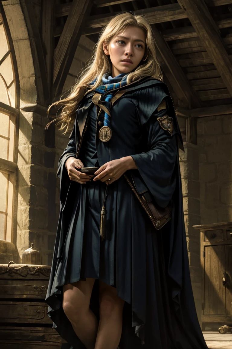 (far wide shot:1.5), 1girl, (solo:1.5), a beautiful picture of luna, wearing  a uniform, masterpiece, photorealistic, detailed, 4k, HDR, backlighting, light, RAW color photo, soft skin, blonde, detailed face, blue eyes, striped scarf, short pleated skirt, black robe, medieval, (Ravenclaw:1.4), (ahegao:1.5), (ahg1:.5), (rolling eyes :1.5),