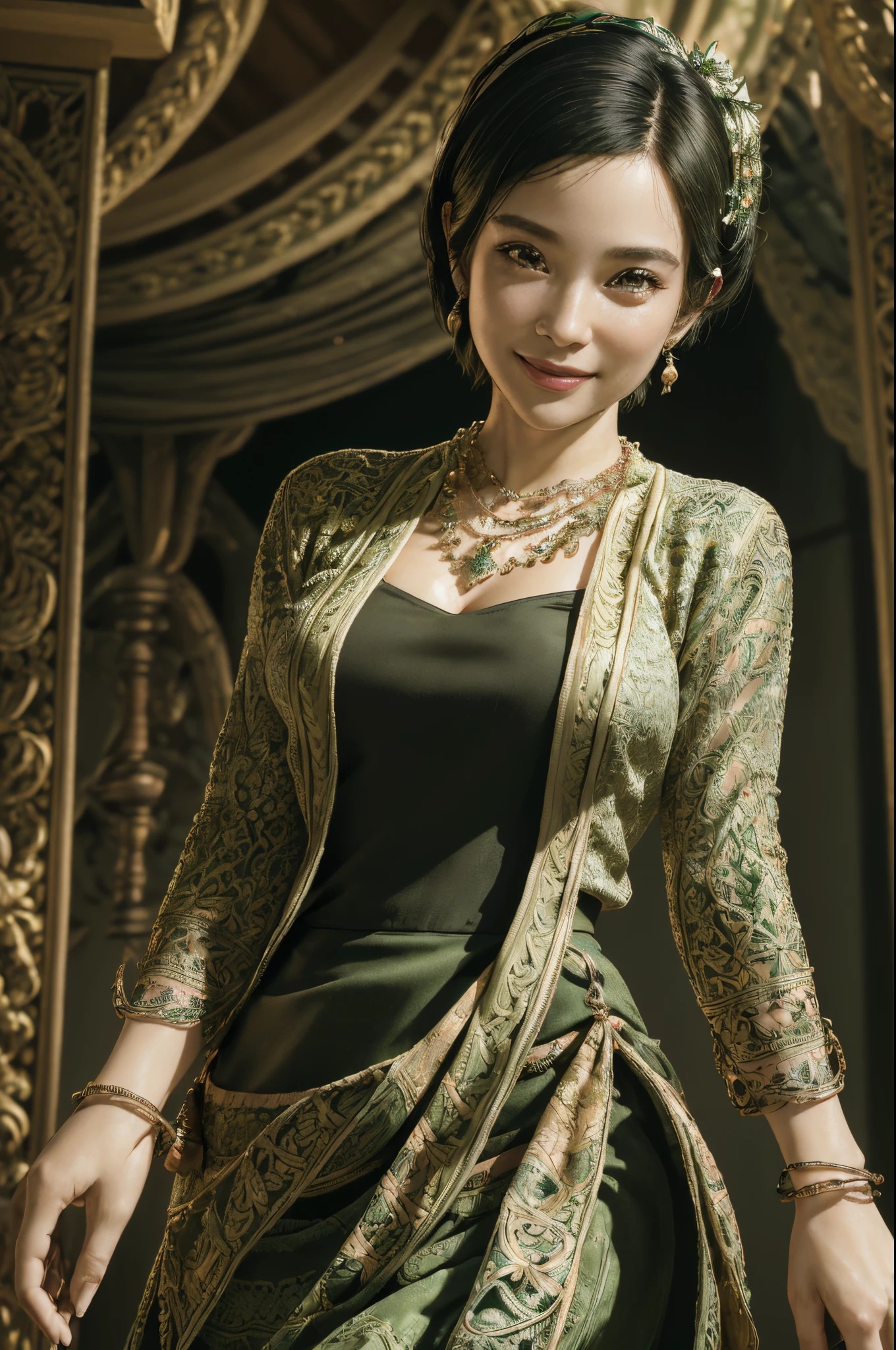 (realistic:1.3), insane detailed, quality, (masterpiece:1.2), (photorealistic:1.2), (best quality), (detailed skin:1.3), (intricate details), ray tracing, ((half body)), ((1woman)), (((1 person))), 40 years old, short hair, smile, green dress, skirt with pattern, color contrast between the dress and the skirt, skirt pattern, earrings, necklace, Javanese ornament, (blurred background)