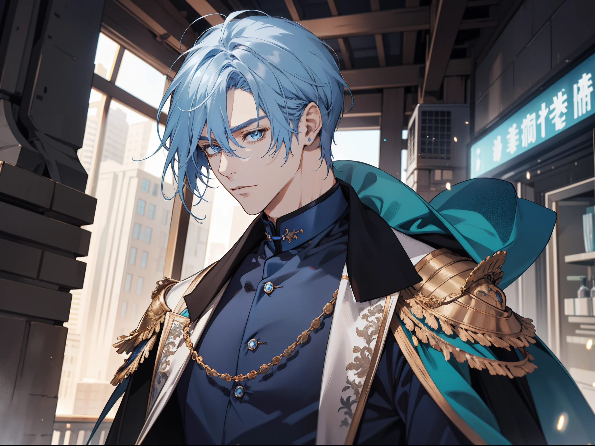 (tmasterpiece,A high resolution,ultra - detailed), 1 persons, AS-Adult, Handsome, Tall muscular man, broad shoulder, Delicate eyes and delicate face,blue hairs,blue color eyes,Wear a fine suit。