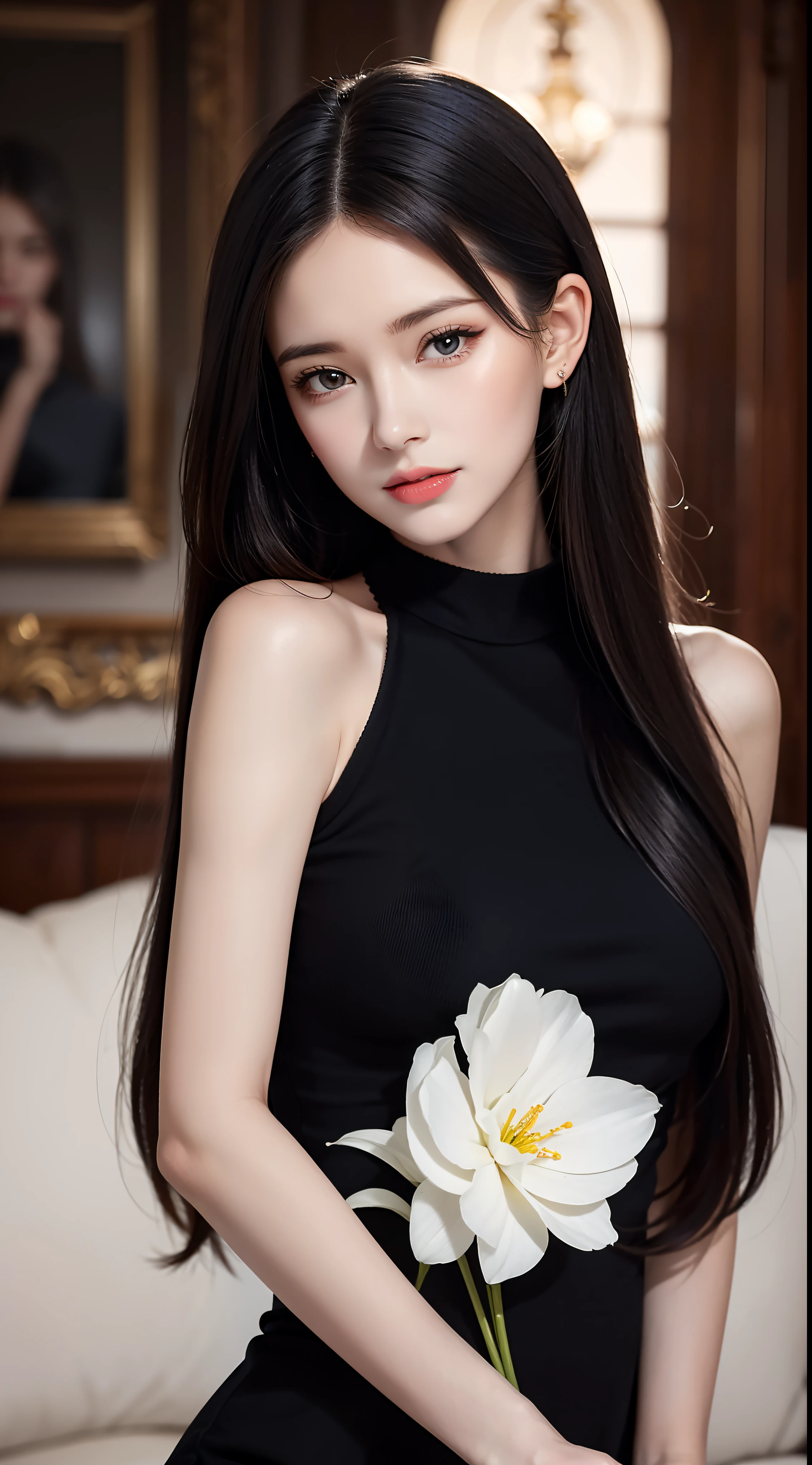 Generate the image of the face of a beautiful woman with straight hair length to the shoulder with the front part behind the ear, she has beautiful and well-shaped hands, is very elegant and sophisticated and is wearing a black knitted high-neck blouse.