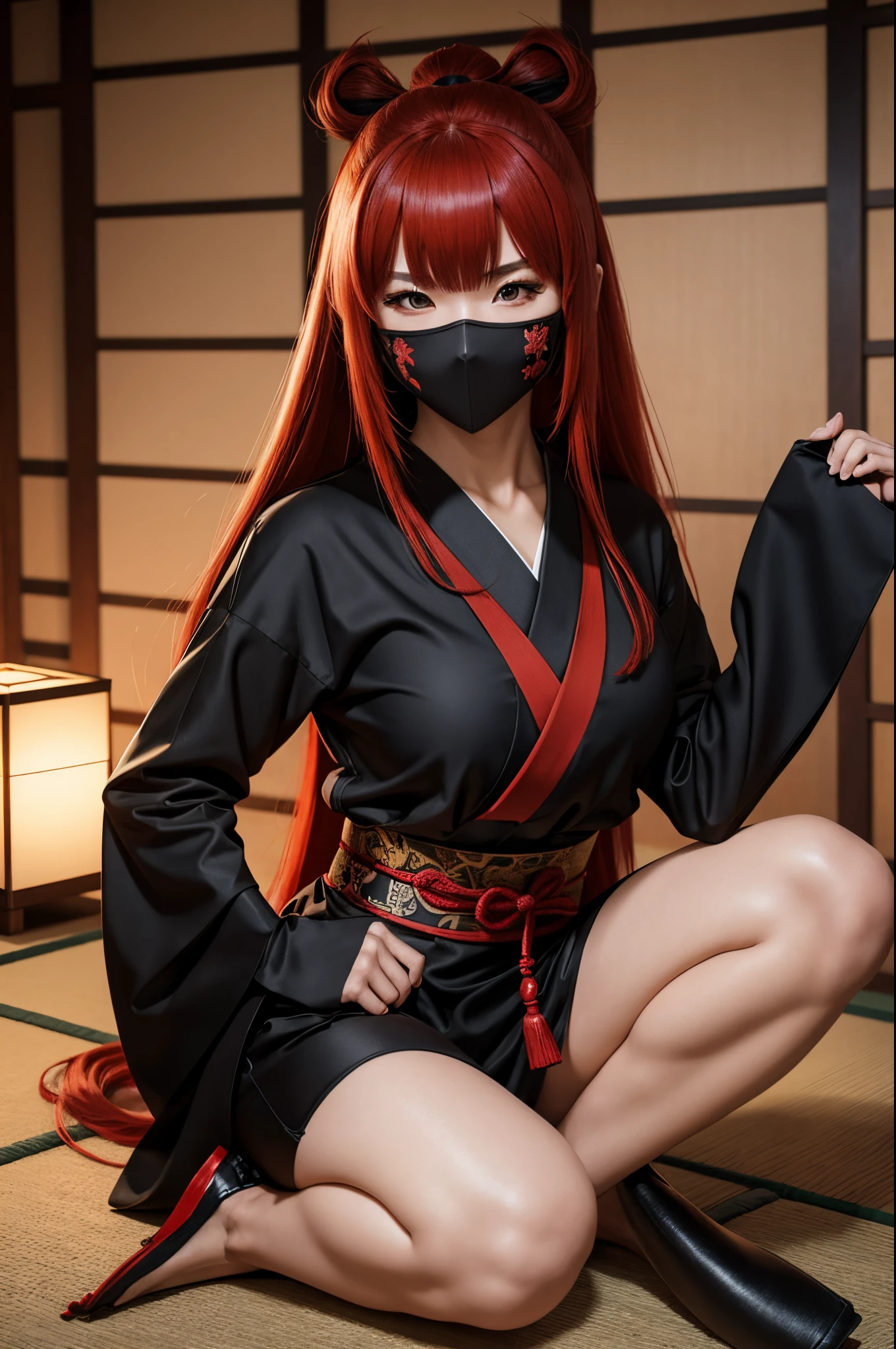 woman in sexy ninja outfit, Traditional Japanese shoes, masked, Long red hair, Bangs hair, dojo, higly detailed, Realistic full-length photography, 4k