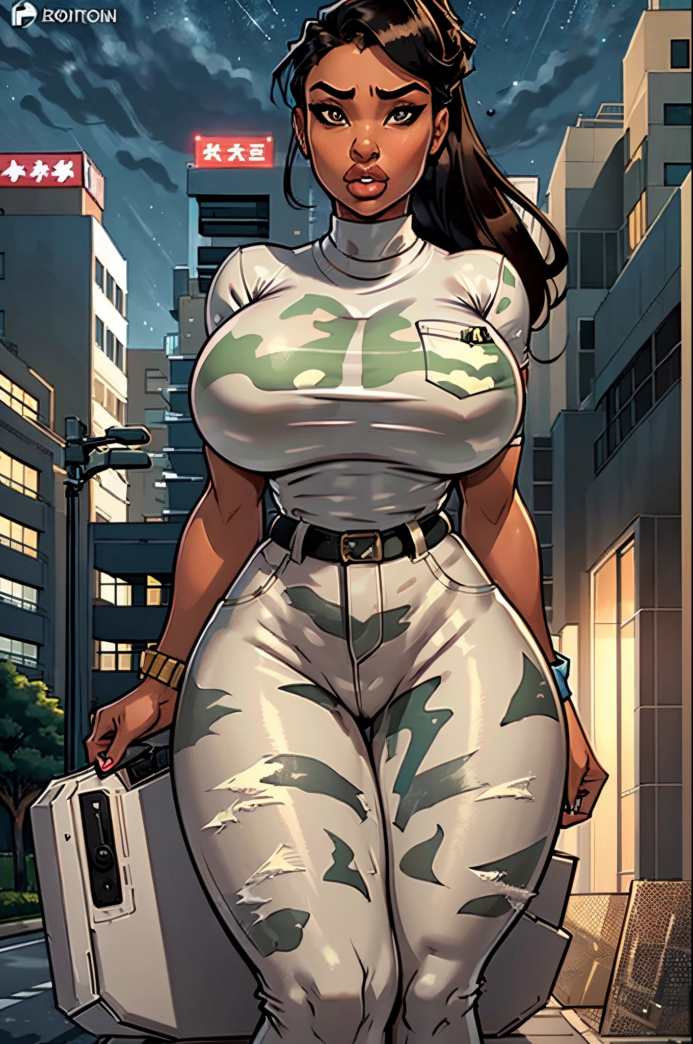 Sexy brown skin huge breast thick thighs attractive face female thick lips parted lips serious face ponytail black hair tight clothes white shirt badass camo pants on top of building night