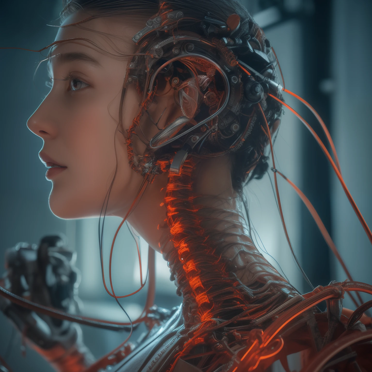 (((masterpiece))), (((best quality))), ((ultra-detailed)), (highly detailed CG illustration), ((an extremely delicate and beautiful)),(from side),cinematic light,((1mechanical girl)),solo,full body,(machine made joints:1.2),((machanical limbs)),(blood vessels connected to tubes),(mechanical vertebra attaching to back),((mechanical cervial attaching to neck)),(sitting),expressionless,(wires and cables attaching to neck:1.2),(wires and cables on head:1.2)(character focus),science fiction,extreme detailed,colorful,highest detailed