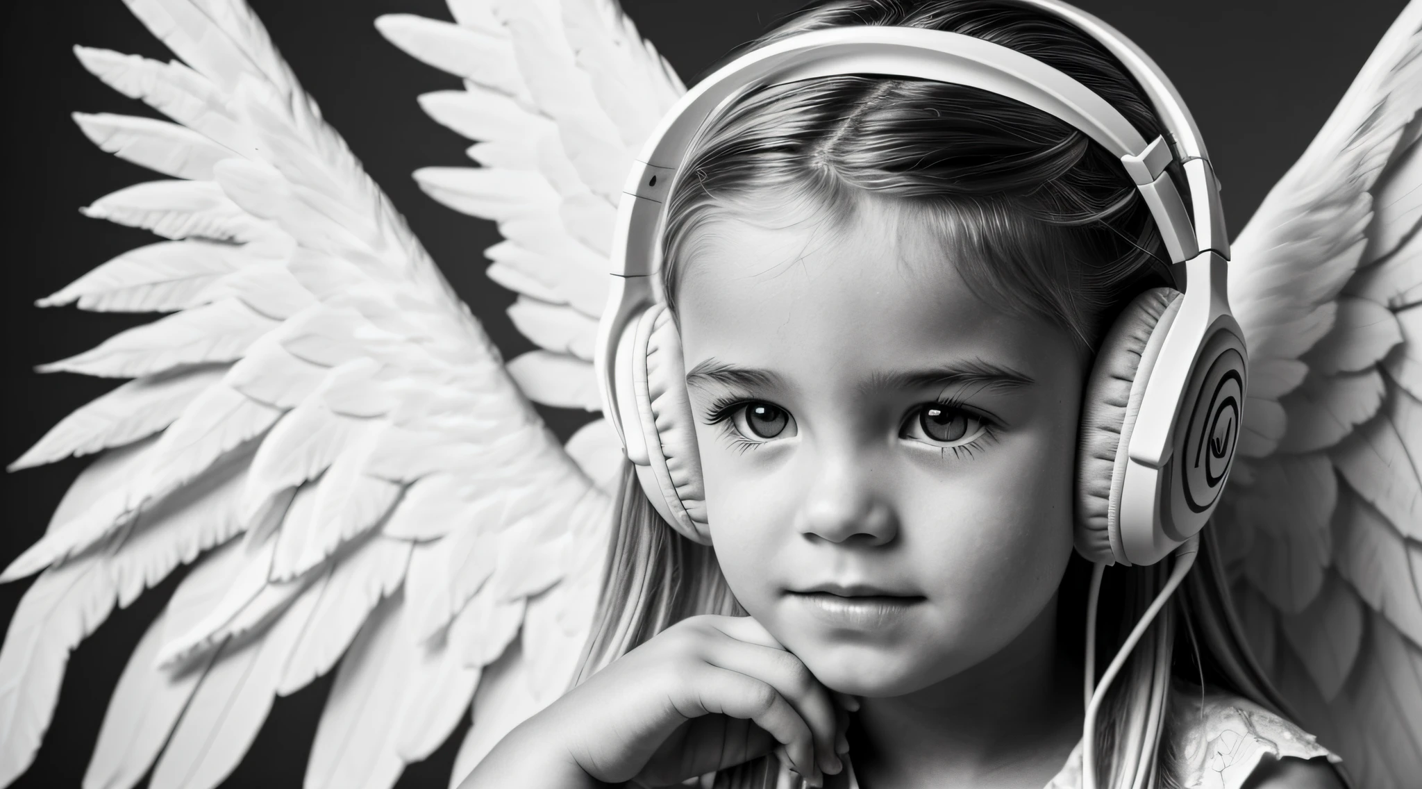 uma foto em black and white de uma CHILD blonde FIREHEAD with headphones, ANGEL'S WINGS, with hands on face.