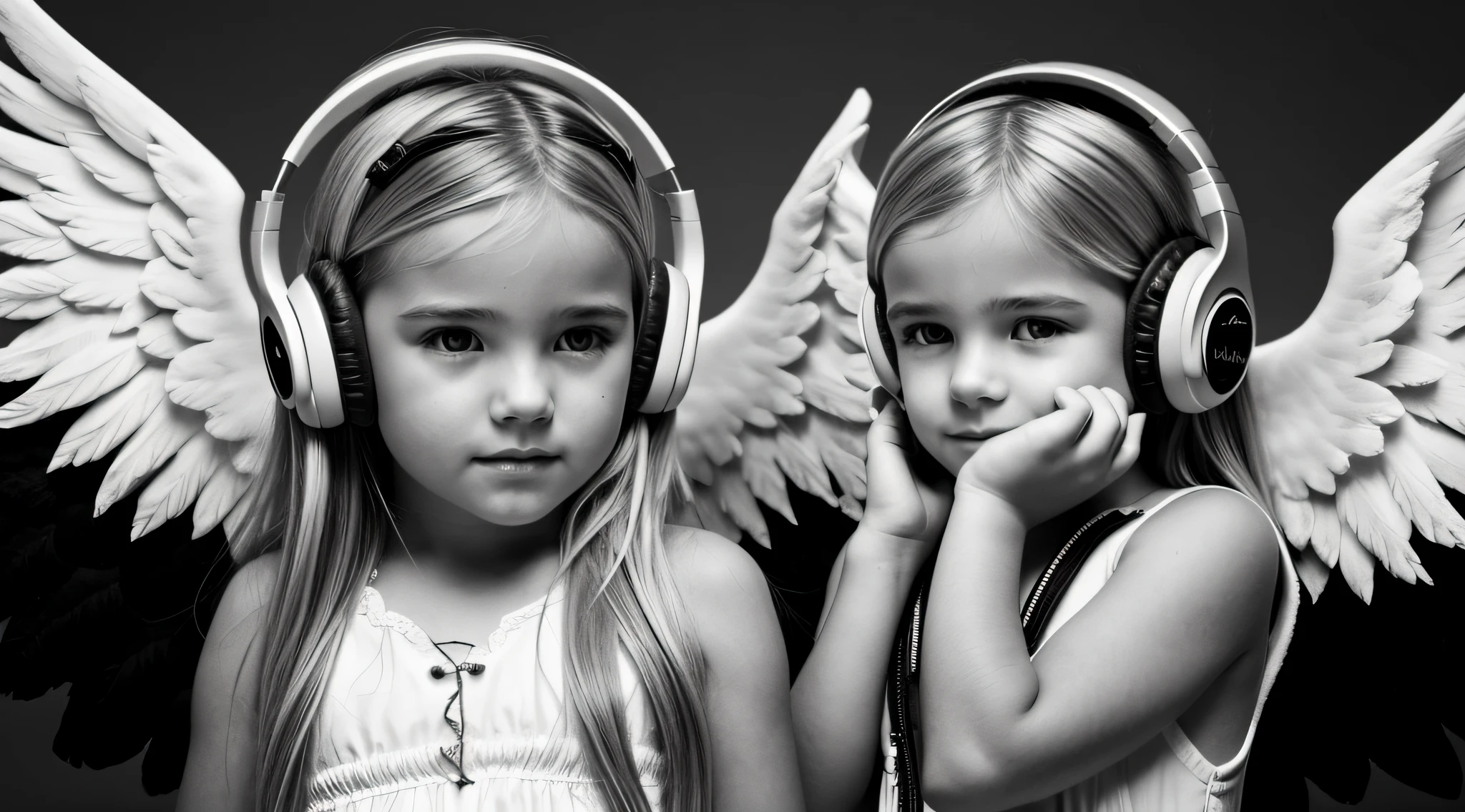 uma foto em black and white de uma CHILD blonde FIREHEAD with headphones, ANGEL'S WINGS, with hands on face.