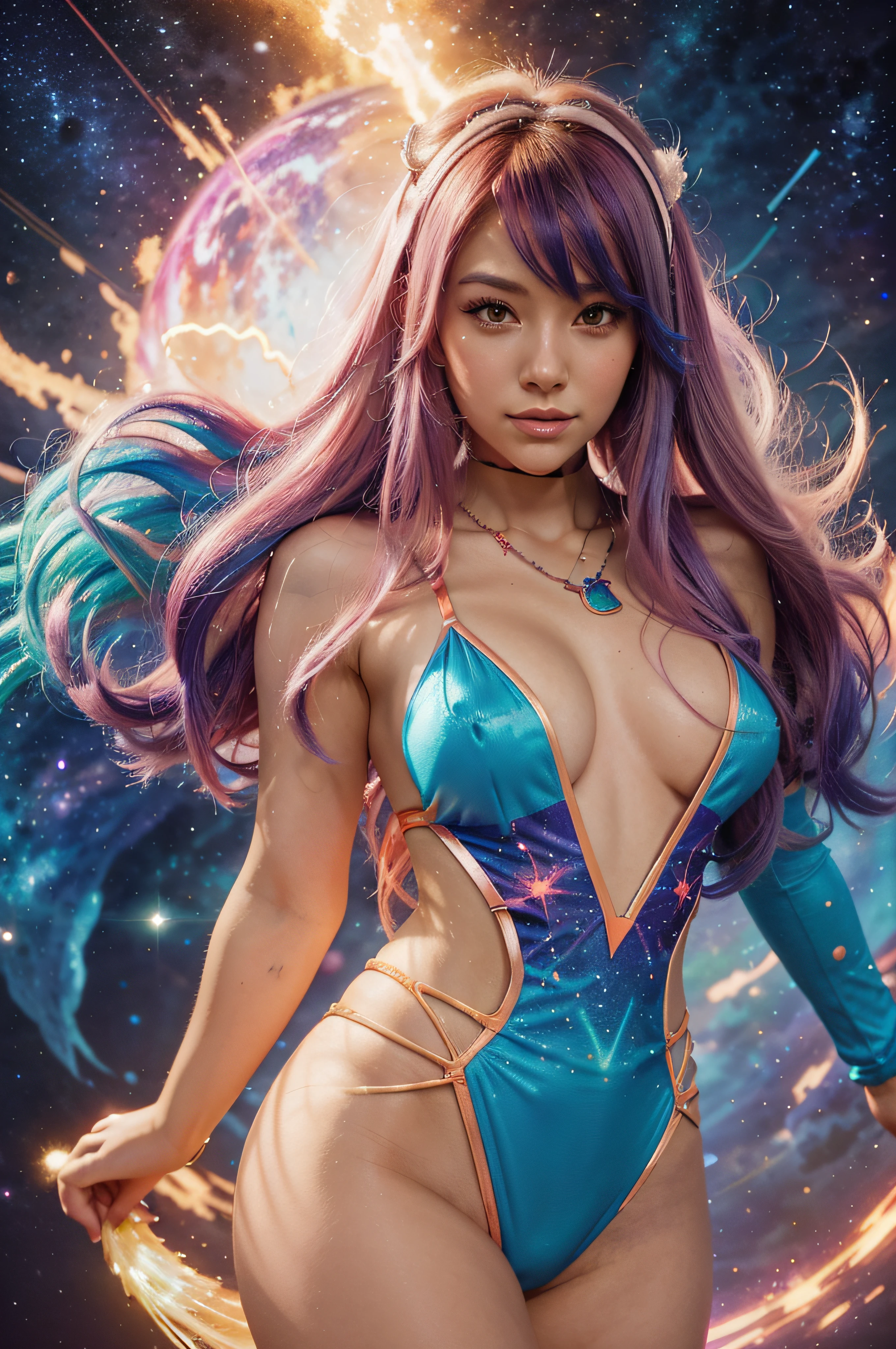 Close-up of a woman with colorful hair and necklace, Cosmic hair anime girl, The soft vibrancy of Rossdraws, Gouves style artwork, fantasy art style, Colorful], Vibrant fantasy style, Rossdraws cartoons are full of energy, cosmic and colorful, guweiz, Colorful digital fantasy art, stunning art style, beautiful anime style, white skinned, spiderman outfit,