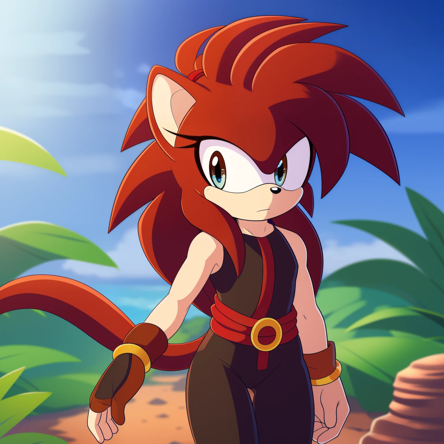 Female, Mobian, Hedgehog, Hedgehog ears, with a reddish hair, a brown animal pelt, and a lashing Saiyan monkey tail, a monkey tail, hair tied, brown animal skin pelt, hair tied, long wild spiky hair, hair over shoulders, mane of hair down back, (masterpiece, best quality, detailed face, detailed eyes), black eyes, (((1girl))), Mobian Saiyaness hedgehog hybrid, (((solo))), Saiyan tail, reddish fur, reddish hair, long wild spiky hair, tan sash belt, black short tights, black wrist bands, Mobian, a cartoon character with reddish hair, lashing Saiyan monkey tail, Mobian Hedgehog with a monkey tail, hair tied, long wild spiky hair, hair over shoulders, mane of hair down back, not amused expression, (walking in a jungle like paradise)