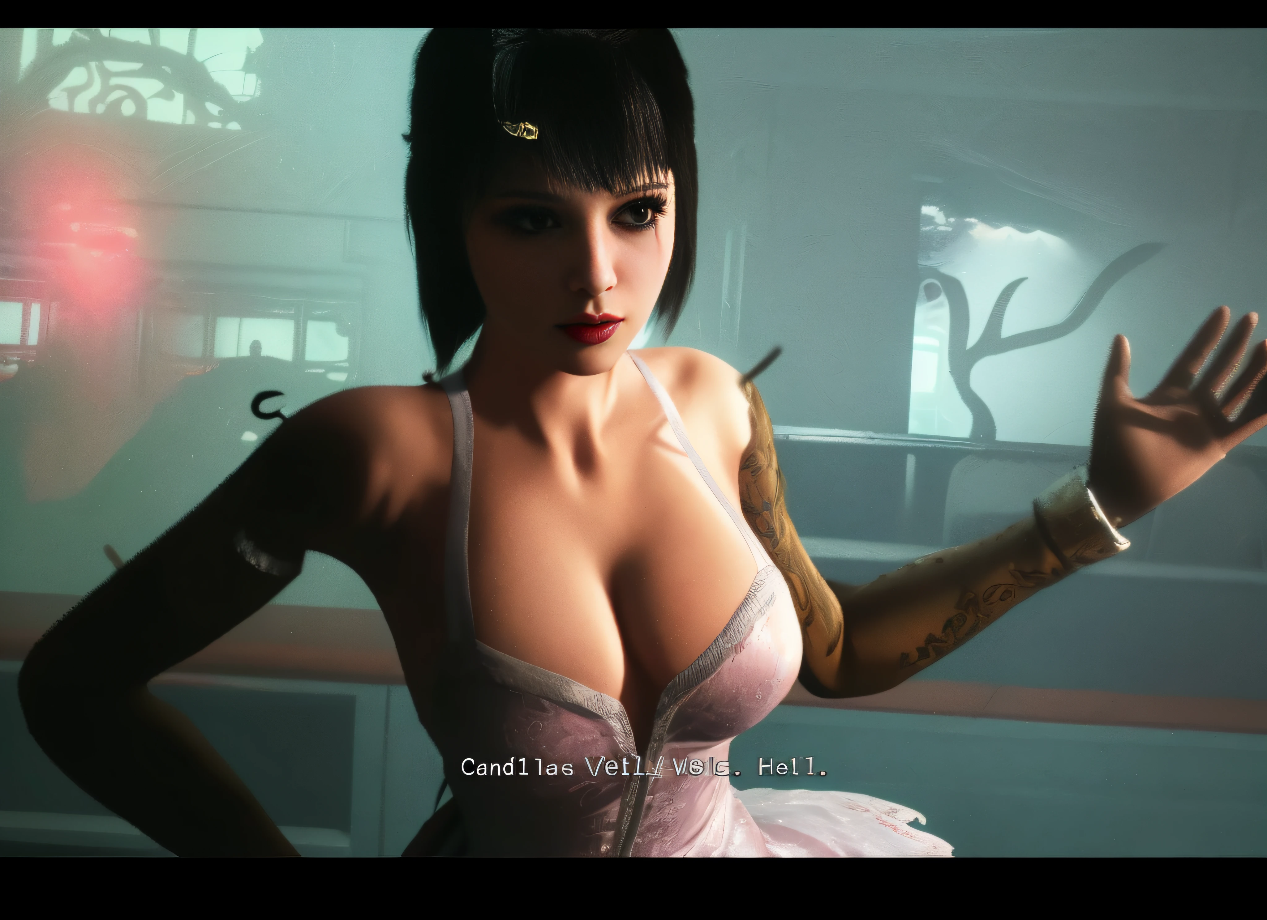 there is a woman in a dress with a knife and a knife in her hand, cutscene de videogame, Supermodelo em Silent Hill, ps5 cinematic screen capture, Imagens de cutscene, Captura de tela do videogame, Captura de tela do videogame de 2020, Captura de tela do videogame>, cutscene, in-game cinematic, ultra realista 8k octan foto, cinematic bust shot
