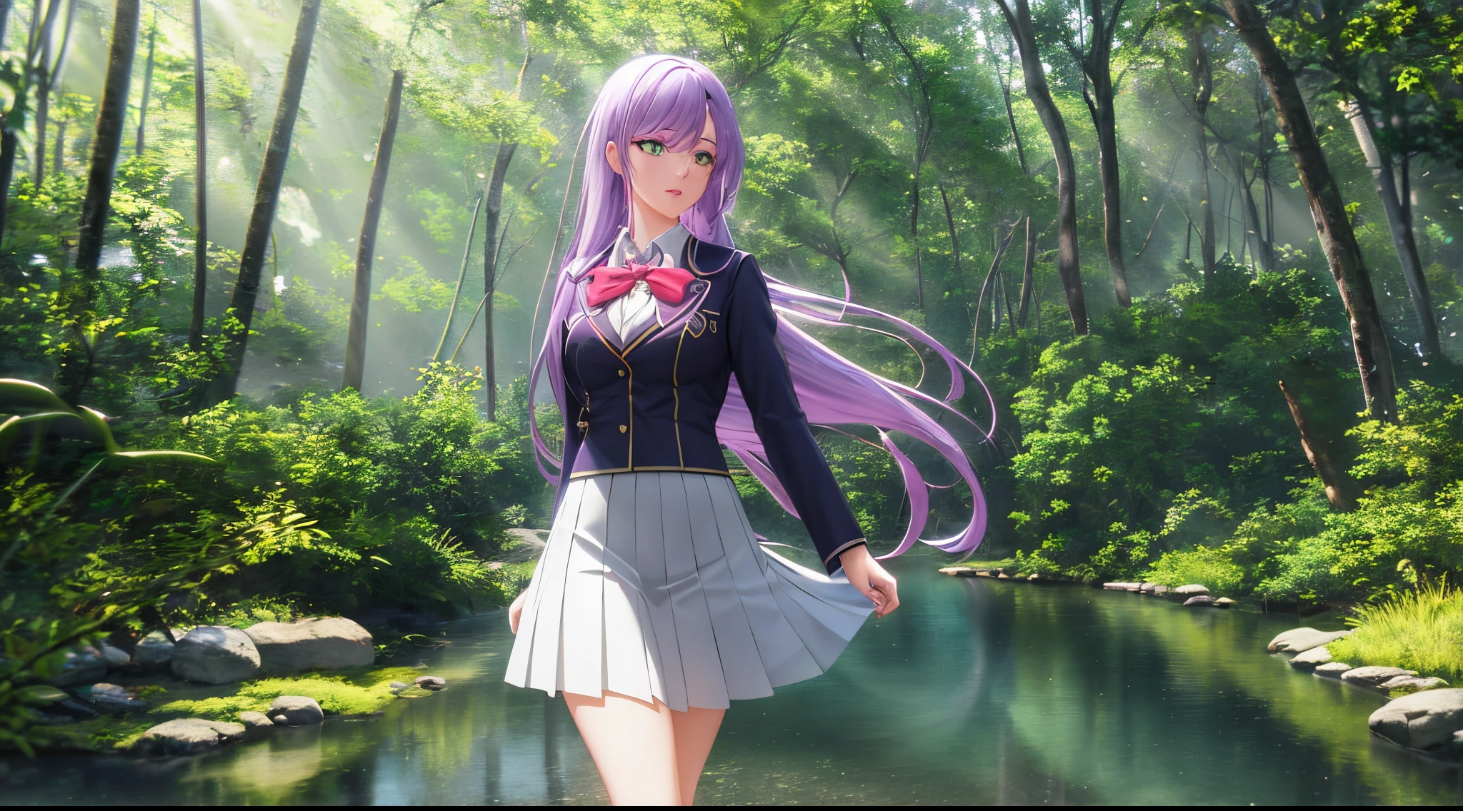 athena with plain long light purple hair,green eyes,rosy cheeks,full lips,thin eyebrows,slender body,school uniform and long skirt,jungle with river,anime style,Lumen Reflections,Screen Space Reflections,Diffraction Grading,Chromatic Aberration,GB Displacement,Scan Lines,Ray Traced,Anti-Aliasing,FXAA,TXAA,RTX,SSAO,Shaders,OpenGL-Shaders,GLSL-Shaders,Post Processing,Post-Production,cell Shading,Tone Mapping,CGI,VFX,SFX,insanely detailed and intricate, 4K