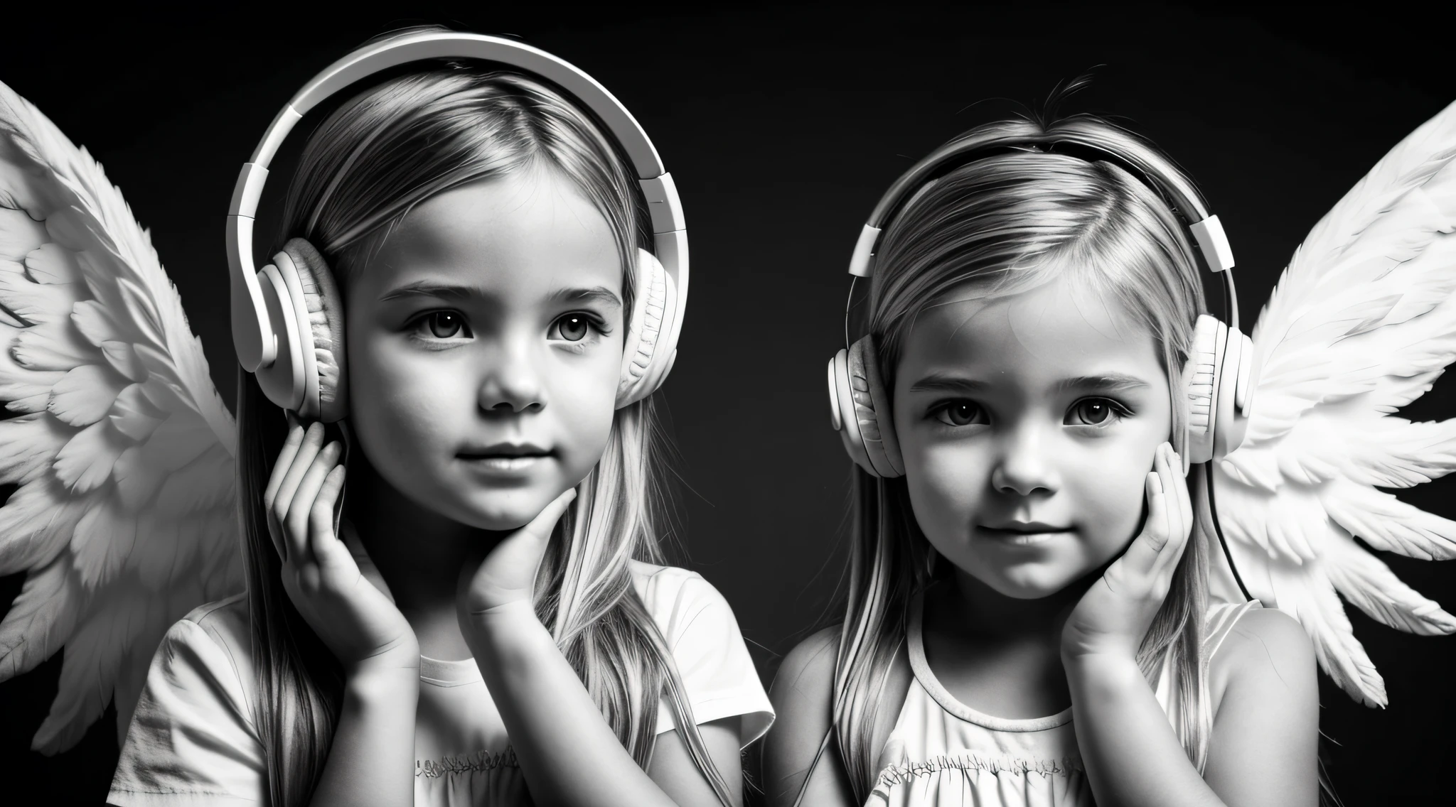uma foto em black and white de uma CHILD blonde FIREHEAD with headphones, ANGEL'S WINGS, with hands on face.