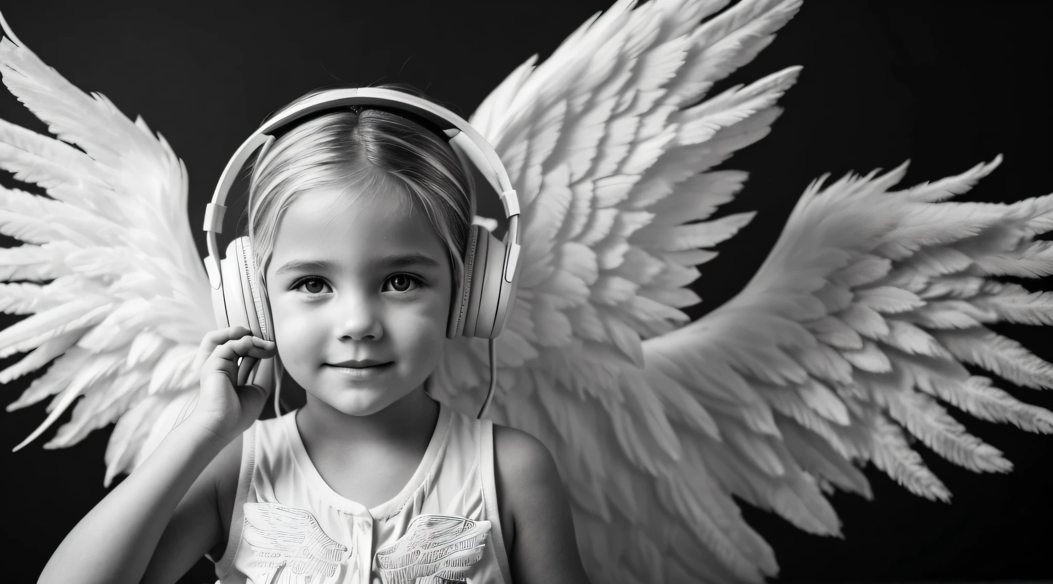 uma foto em black and white de uma CHILD blonde FIREHEAD with headphones, ANGEL'S WINGS, with hands on face.