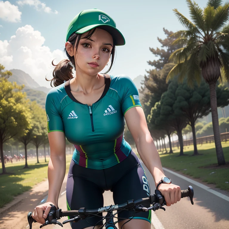 Obra prima, Um menino adulto, blusa verde, nascer do sol, andar de mountain bike,usar capacete,Ele atravessa um rio de bicicleta,any tree present, Realistic, 4k