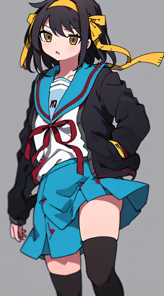 nukunukunigirimeshi style, anime style, best quality, 4k, masterpiece, 1 girl, solo, 1 schoolgirl, kita school uniform, simple colored, light gray background, suzumiya haruhi, yellow hair band, cardigan, winter uniform, serafuku, blue skirt, thighhighs