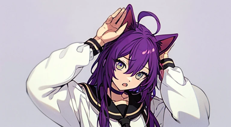 long hair, mole under mouth, purple hair, single braid, hair between eyes, aqua eyes, sharp teeth, ahoge, :o, white shirt, necktie,phony, 1girl, solo, looking at viewer, simple background, upper body, grey background, arms up, bunny pose, white cat ears, black ribbon, school uniform, white choker