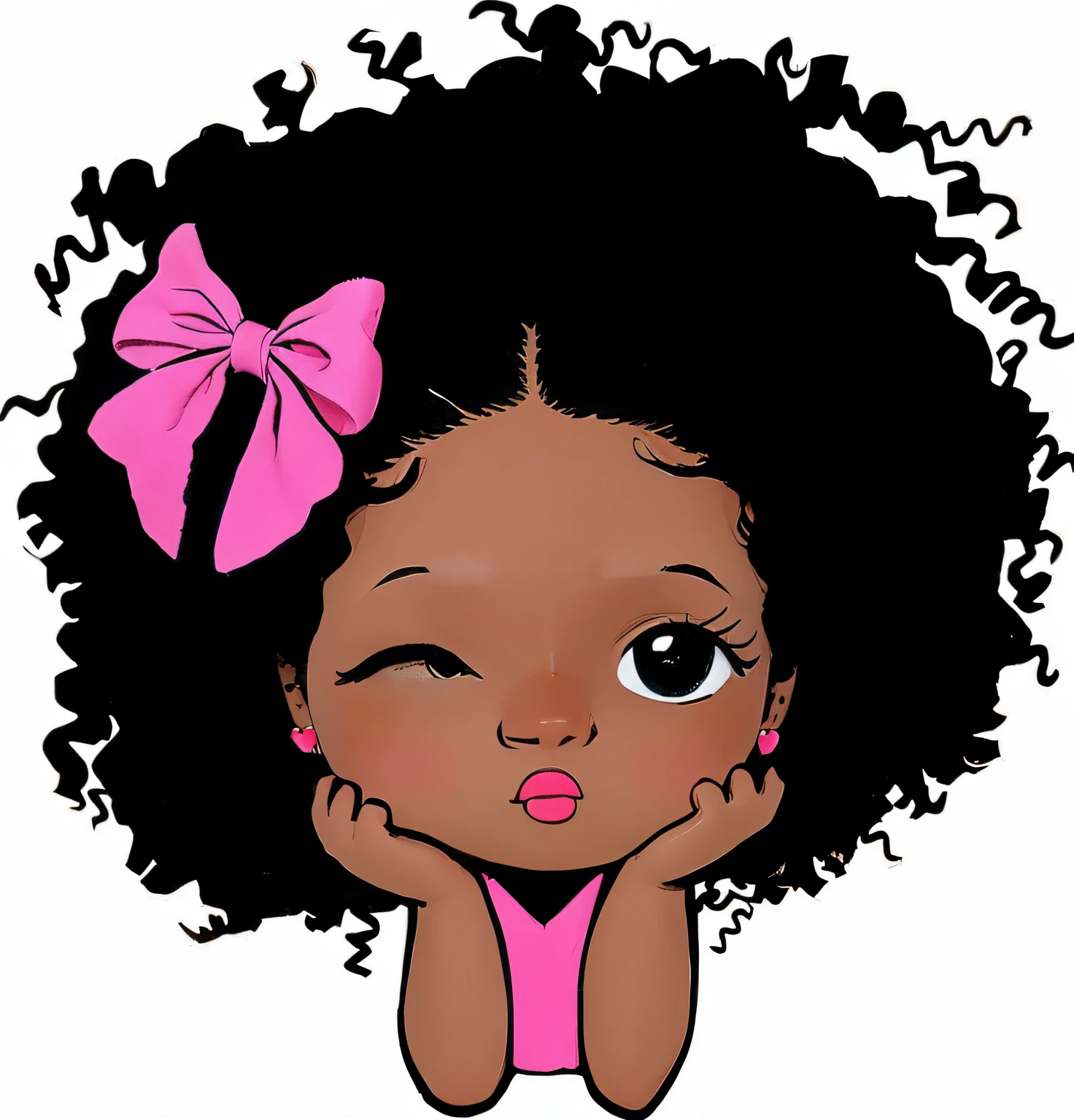  ,negra,cabelo cacheados escuro,pink and blue bow, blue heart earrings, baton rosa.
