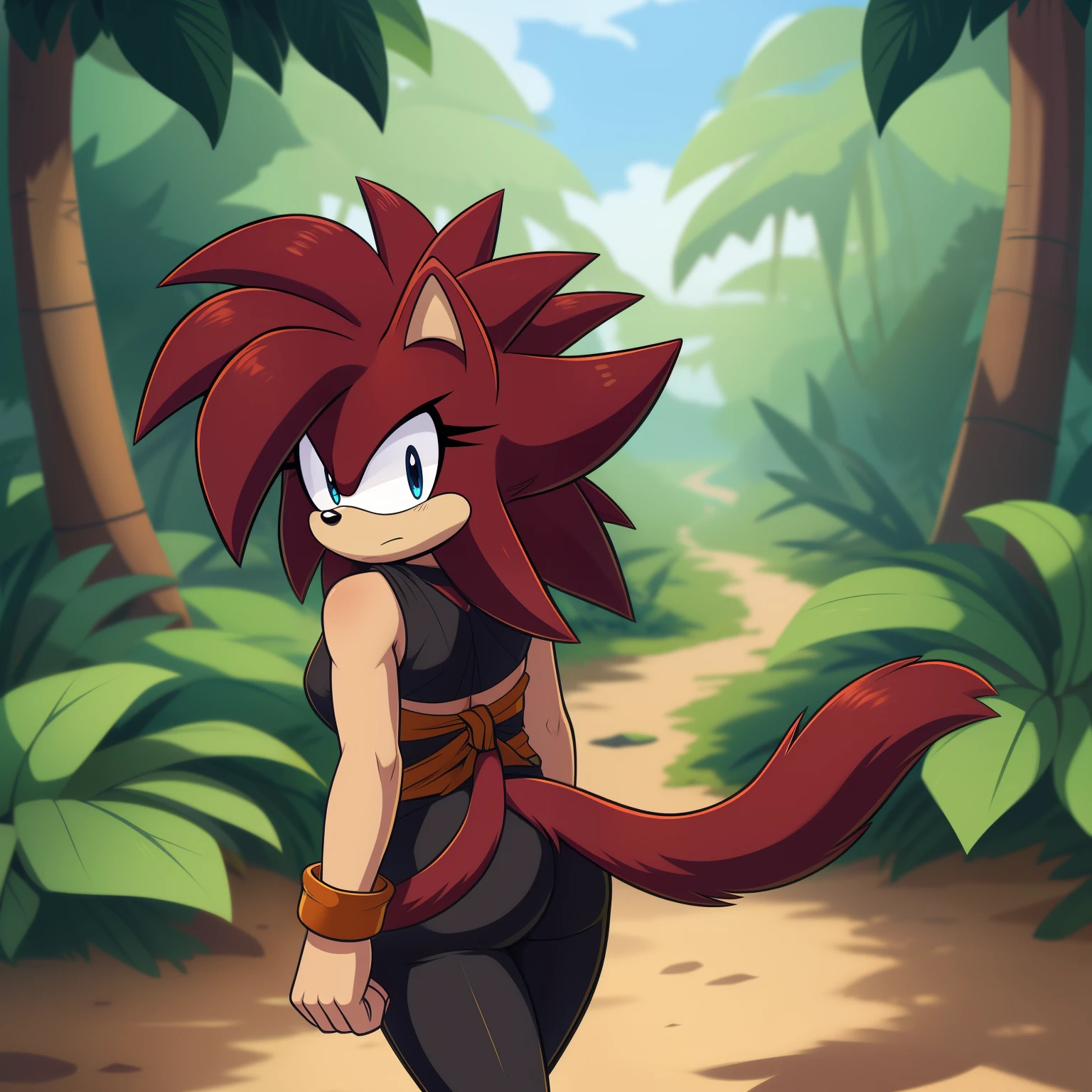 Female, Mobian, Hedgehog, Hedgehog ears, with a reddish hair, a brown animal pelt, and a lashing Saiyan monkey tail, a monkey tail, hair tied, brown animal skin pelt, hair tied, long wild spiky hair, hair over shoulders, mane of hair down back, (masterpiece, best quality, detailed face, detailed eyes), black eyes, (((1girl))), Mobian Saiyaness hedgehog hybrid, (((solo))), Saiyan tail, reddish fur, reddish hair, long wild spiky hair, tan sash belt, black short tights, black wrist bands, Mobian, a cartoon character with reddish hair, lashing Saiyan monkey tail, Mobian Hedgehog with a monkey tail, hair tied, long wild spiky hair, hair over shoulders, mane of hair down back, not amused expression, (walking in a jungle like paradise)