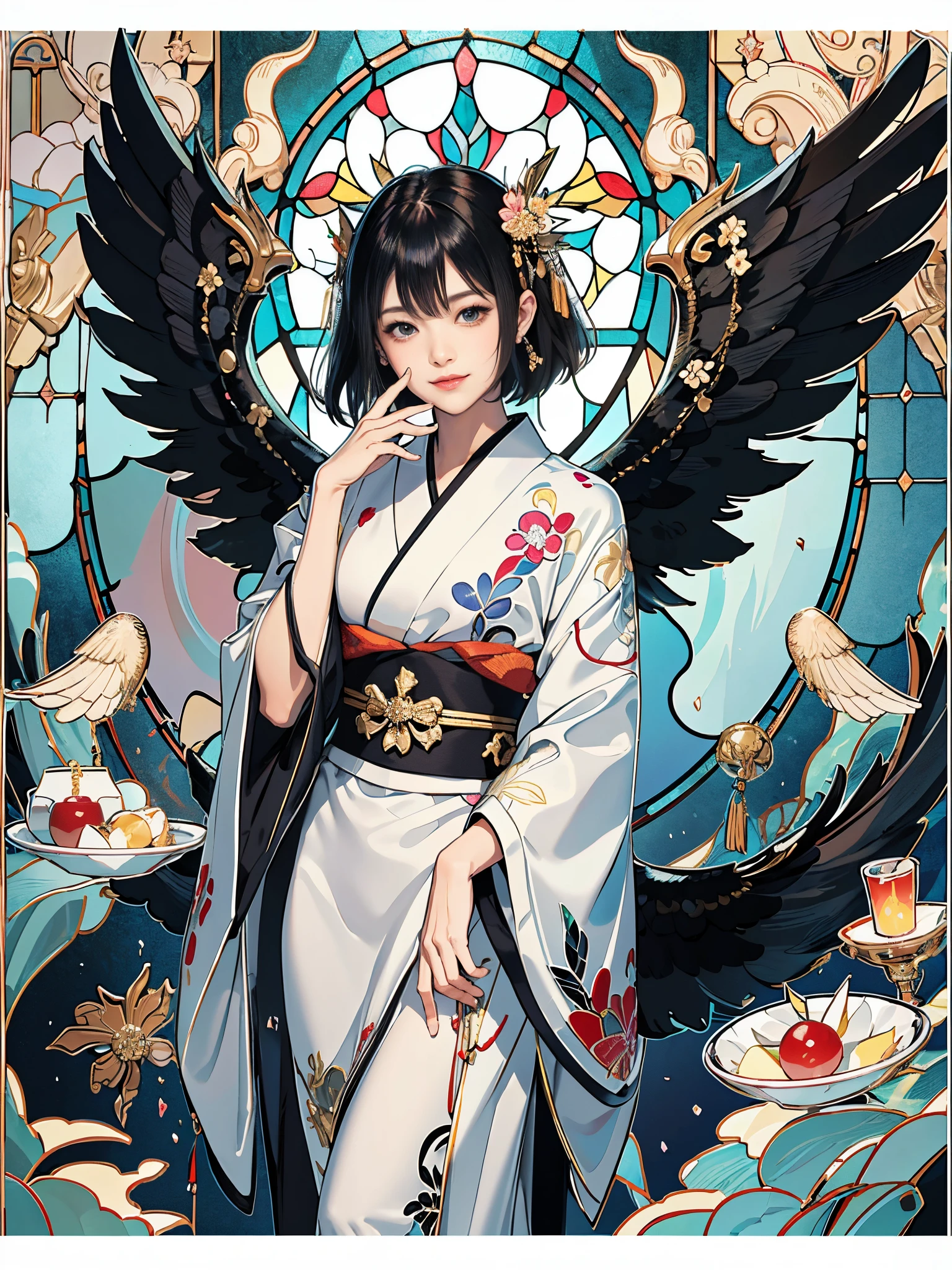 Background of details(Intricate stained glass),BREAK ,elaborate costume(Luxurious Japan kimono(Colorful kimono(detailed embroidery)(Black fallen angel-like wings grow))),BREAK,(1 Beautiful and classy adult woman(Shy smile:1.2)(Japanese actressl:1.2)(A dark-haired:1.2(short-hair:1.2))),(eye glass:1.2),(Standing in front of the stained glass and looking at me),BREAK,Wallpaper 16K,Blur the background,)(masutepiece,Best Quality,Portrait photos):1.5),full body Esbian
