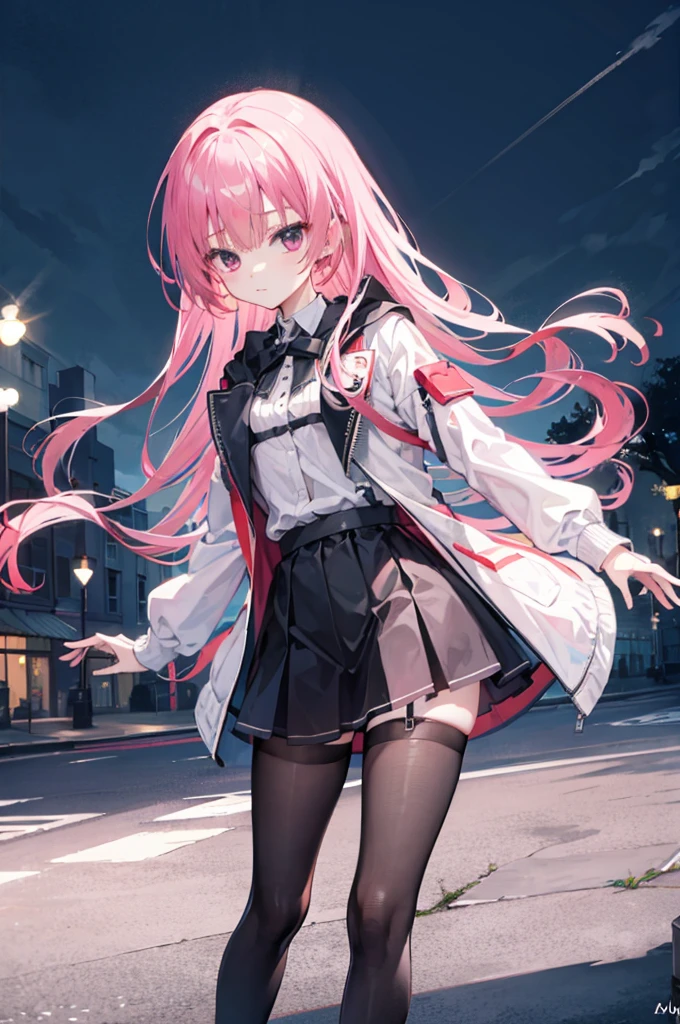 mitsukasa ayas,White jacket,The shirt,black short skirt,blackstockings,gentleness,urban backdrop,the night,long whitr hair