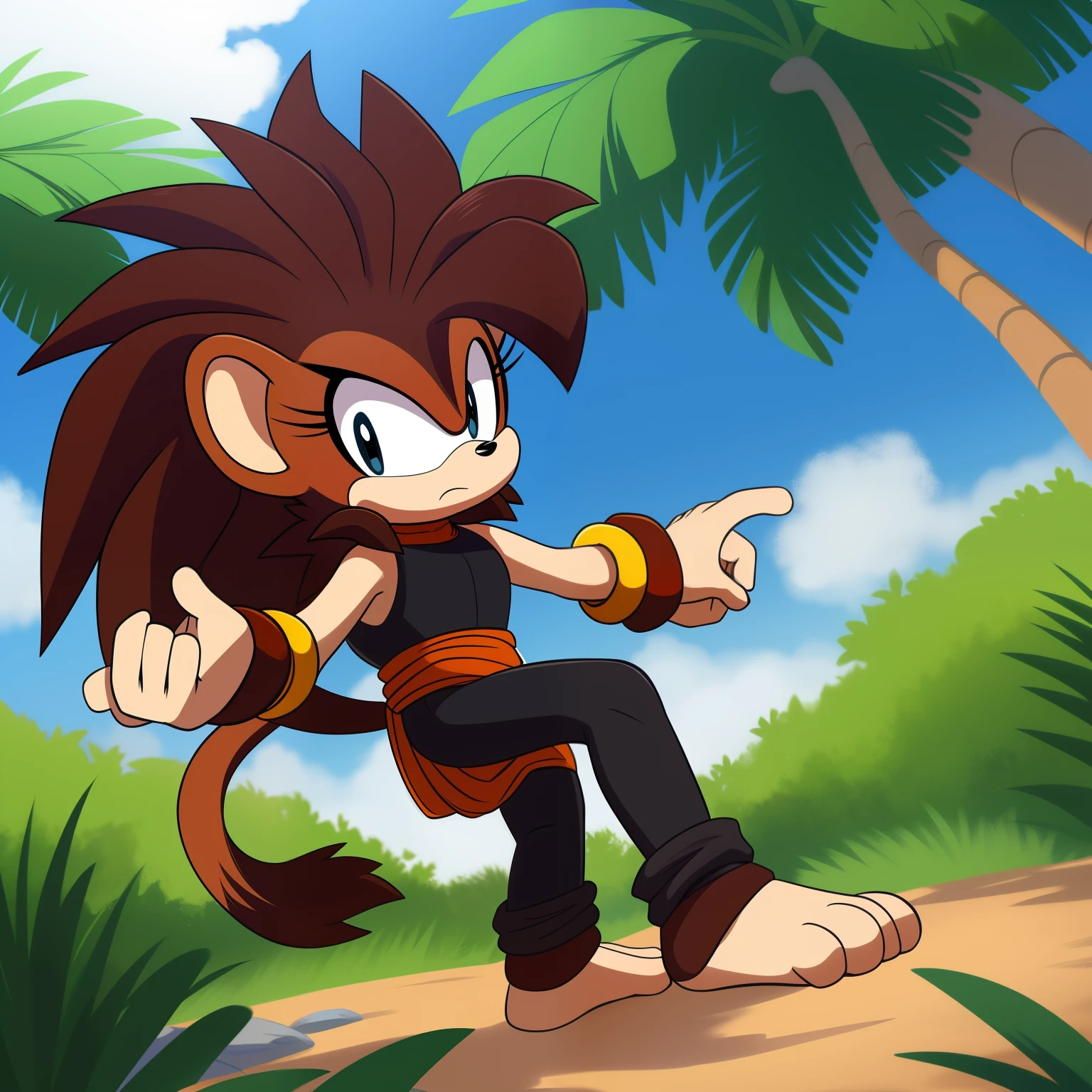 Female, Mobian, with a reddish brown hair, a brown animal pelt, and a lashing Saiyan monkey tail, a monkey tail, hair tied, brown animal skin pelt, hair tied, long wild spiky hair, hair over shoulders, mane of hair down back, (masterpiece, best quality, detailed face, detailed eyes), black eyes, 1girl, Mobian Saiyaness, 1girl, Saiyan monkey tail, black hair, long wild spiky hair, Shoulder less Gi, tan sash belt, black short tights, black wrist bands, small tufts of fur on top of feet, barefoot, Mobian, a cartoon character with black hair, lashing Saiyan monkey tail, Mobian Saiyan with a monkey tail, hair tied, long wild spiky hair, hair over shoulders, mane of hair down back, not amused expression, (walking in a jungle like paradise)