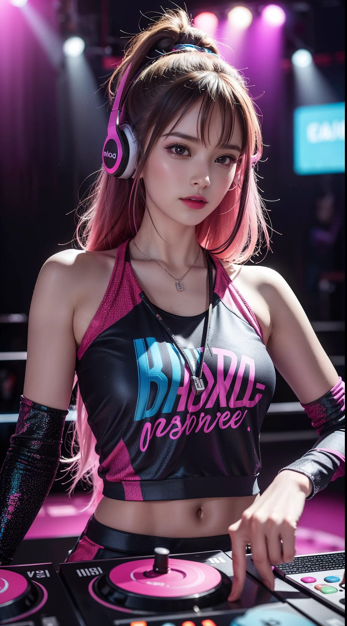 upper body, female dj, colorful clothes , quirky, vibrant appearance, playful accessories, creative behavior, imaginative, sensual, spontaneous, dj headphones, mixing console, music club, night club, indie theaters, people dancing on the dance floor background, underground danceclub, highest quality, skin texture, intricate details, (cinematic lighting), RAW photo, 8k