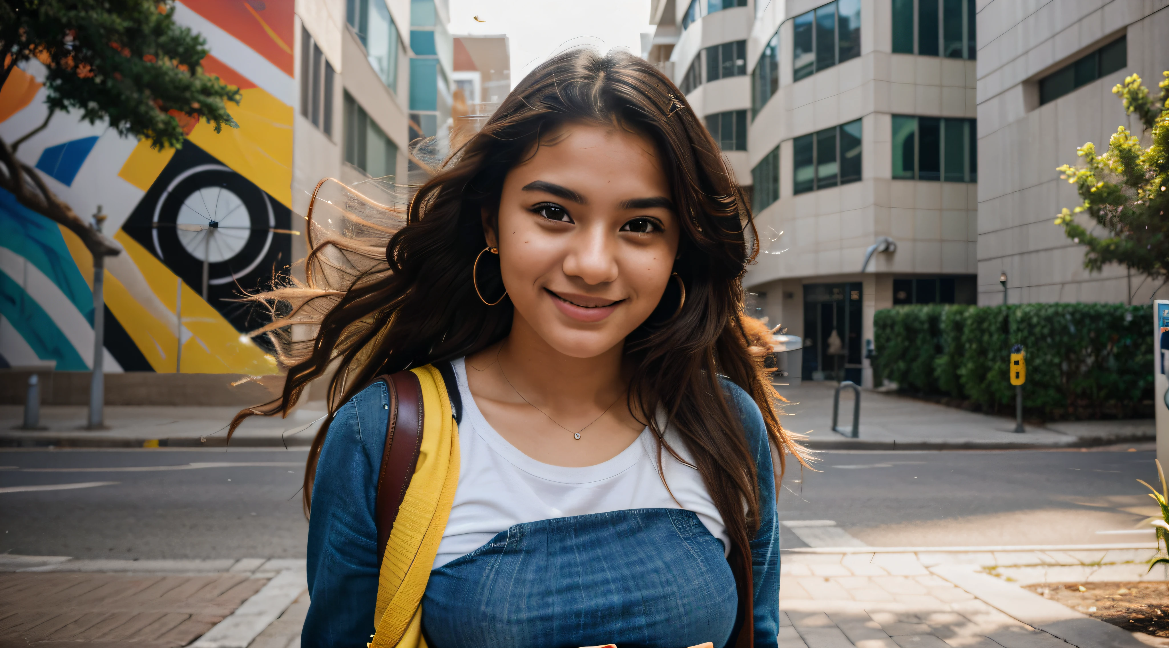 20-year-old Brazilian student ambles through the bustling university campus. Dressed in lively attire, her carefree hair dances with the breeze. The details on her face showcase a mix of curiosity and focus. In the backdrop, murals of abstract and futuristic urban art contribute to the modern and inspiring ambiance. Engaged in conversations, she exudes a vibrant presence, navigating an academic environment that seamlessly fuses art, innovation, and learning.