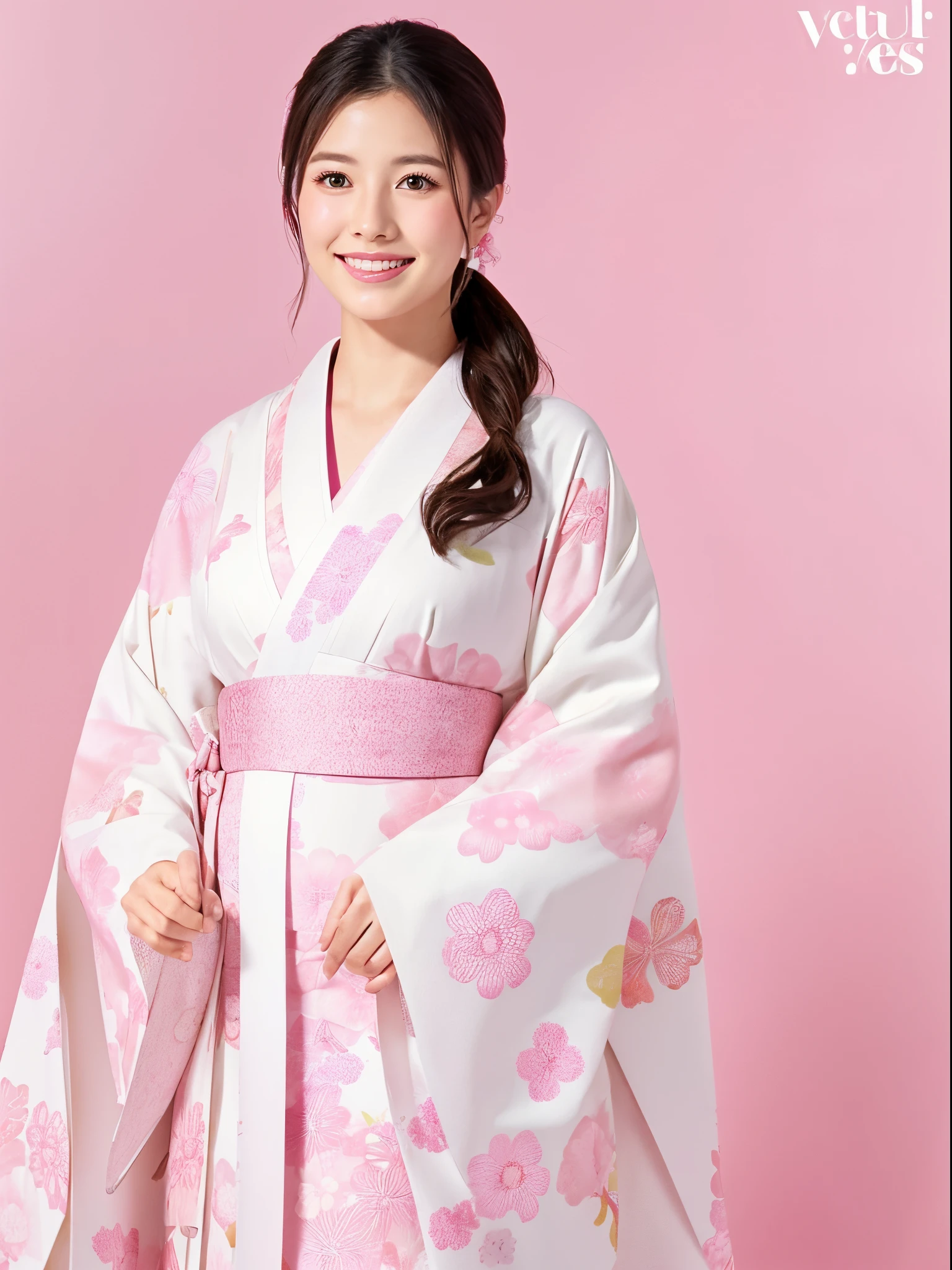 (White and pink Japanese pattern background)、A woman wearing a modern kimono、brochure、hiquality