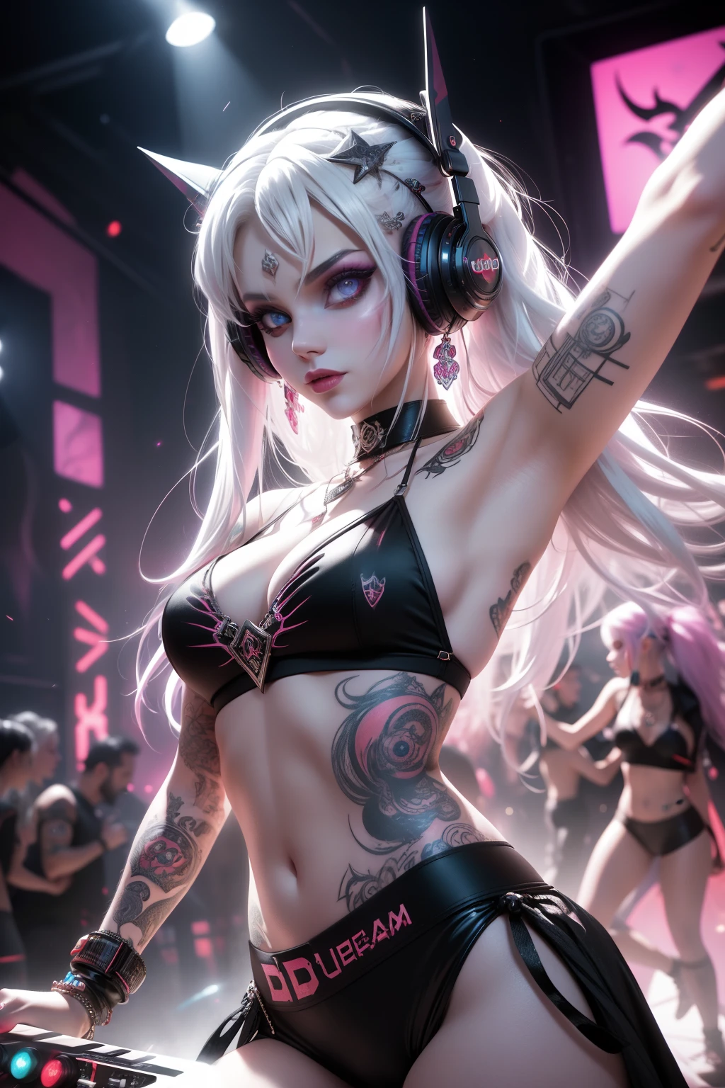 Upper body, Female DJ, Vampires,Wear a bikini，Tattooed with，Red eyes，White hair， Quirky, Vibrant appearance, Playful accessories, Bright colors，Creative behavior, Rambled, Sensual, Spontaneous, DJ headphones, Mixing Console, Music Clubs, night club, Independent cinema, People dancing on dance floor background, Underground danceclub, Highest quality, Skin texture, Intricate details, (Cinematic lighting), RAW photo, 8K，Psychedelic surrealist art，Surrealist psychedelic design，dream art style，Illusion psychedelic art， Colorful dark vectors,