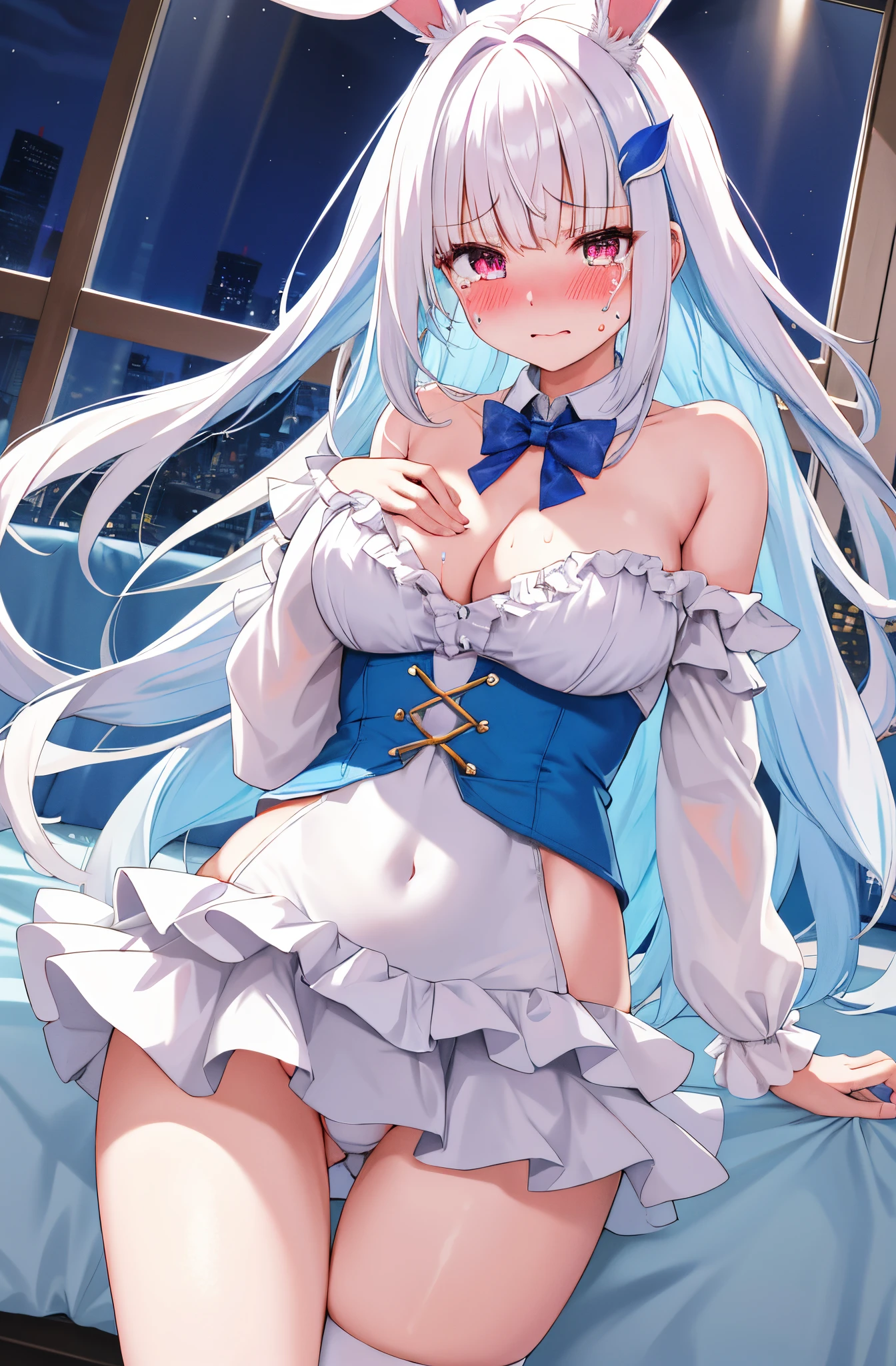 One girl with long hair, white hair, blue inner hair, looking at viewer, embarrassed, blushing, tears, indoor , bunny girl, pussy, bed, sweating, slim, dizzy, chest, large chest, wide hips, perfect waist, spread legs, thigh, night atmosphere, standing, (embarrassed:1.0)
