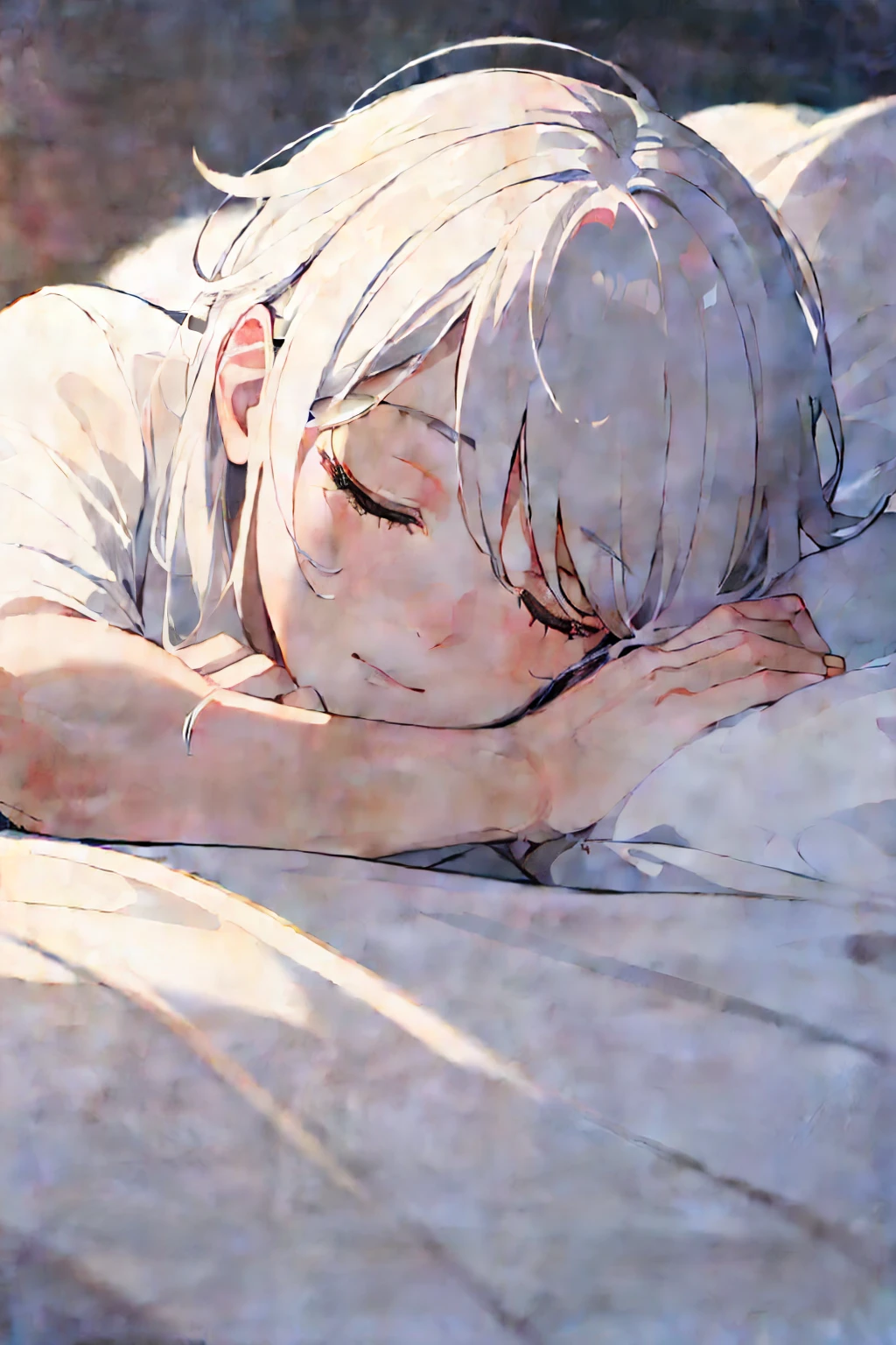 white-haired guy sleeping on a bed,detailed facial features,closed eyes,relaxed facial expression,peaceful atmosphere,soft lighting,comfortable bedding material,high-quality illustration,ultra-detailed,realistic style(vivid colors),high-resolution(masterpiece:1.2),white room background